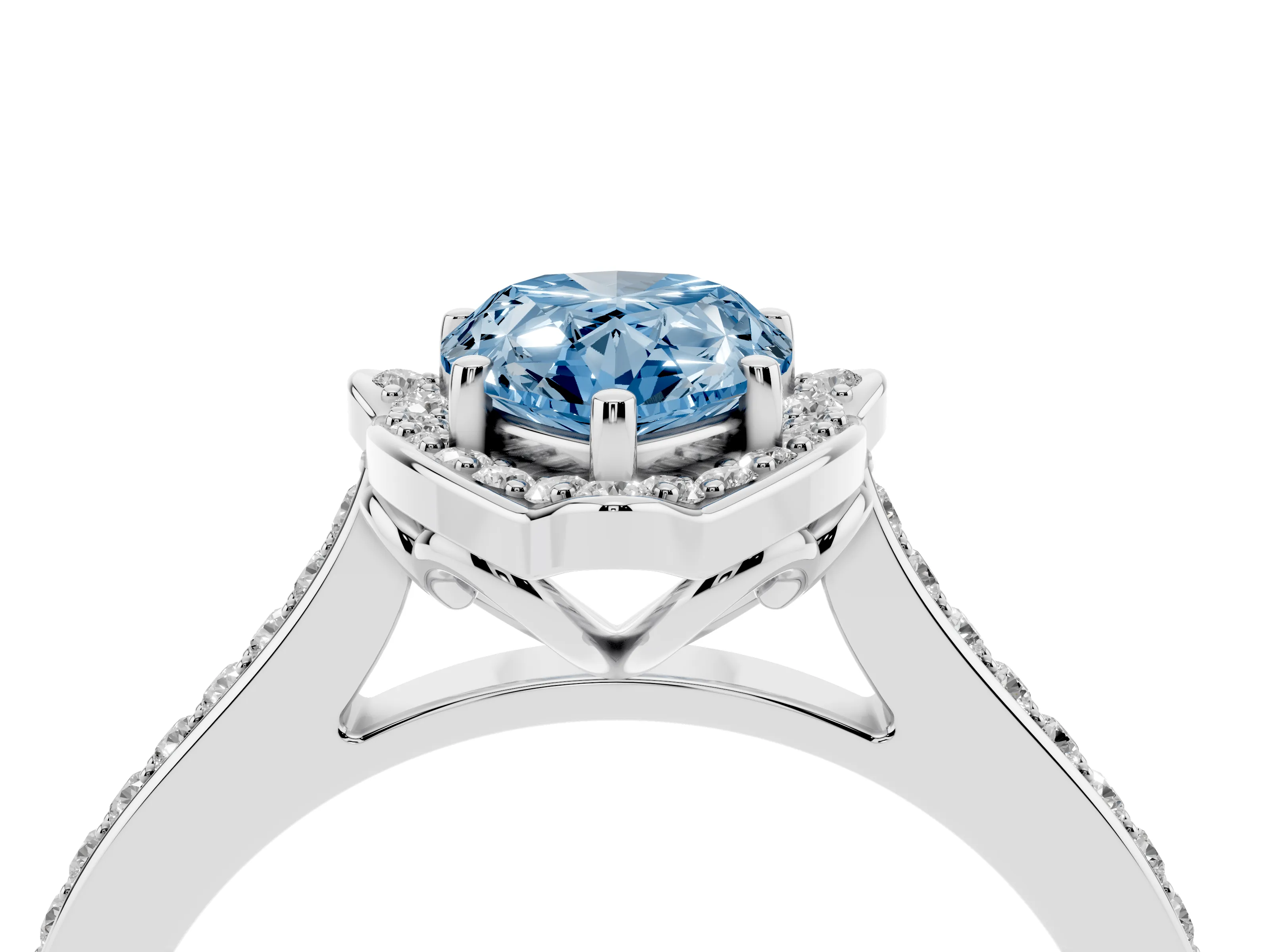 Fancy Blue Pear Cut Diamond Halo Ring Set in White gold with Pavé-Lined Shoulders and Prong Setting