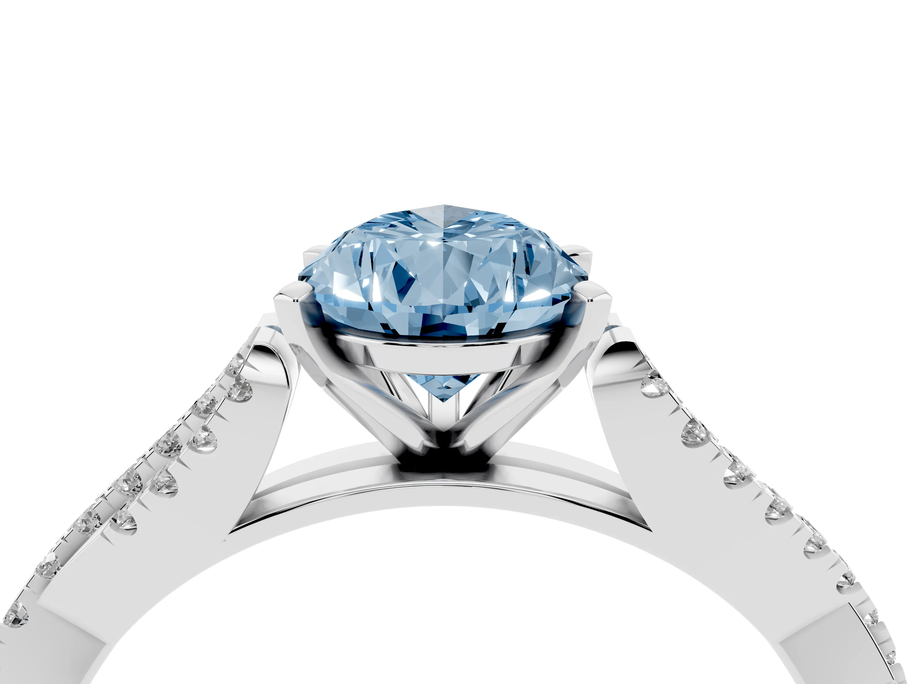Fancy Blue Pear Cut Diamond Solitaire Engagement Ring Set in White gold with Twisted Pavé Band and Prong Setting