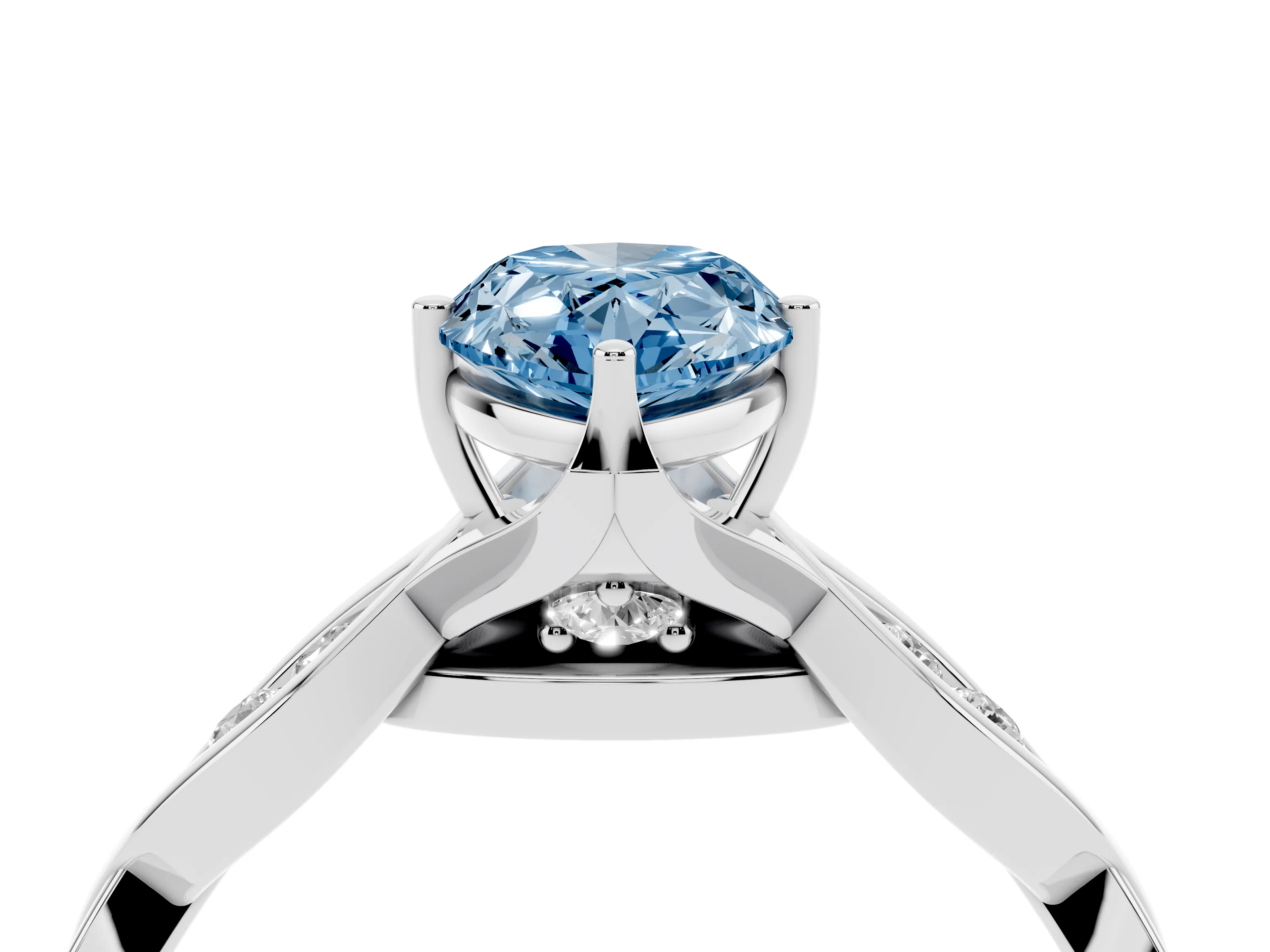 Fancy Blue Pear Cut Diamond Twist Band Solitaire Ring Set in Silver with Leaf Prong Setting and Accent Stones