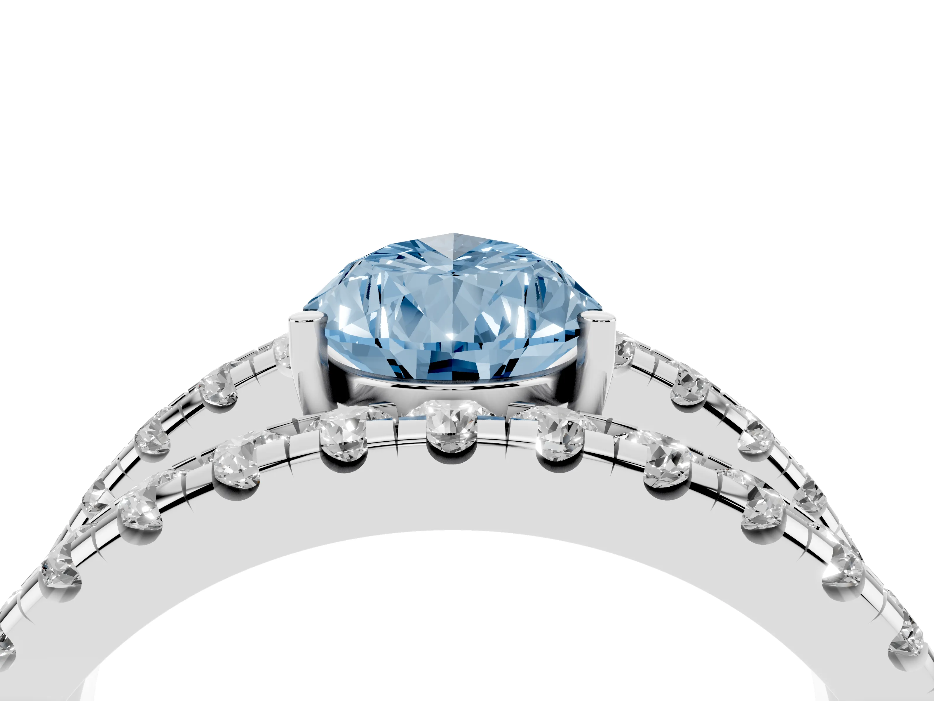 Fancy Blue Pear Cut Diamond Split Shank Pavé Solitaire Ring Set in Silver with Open Shank Design