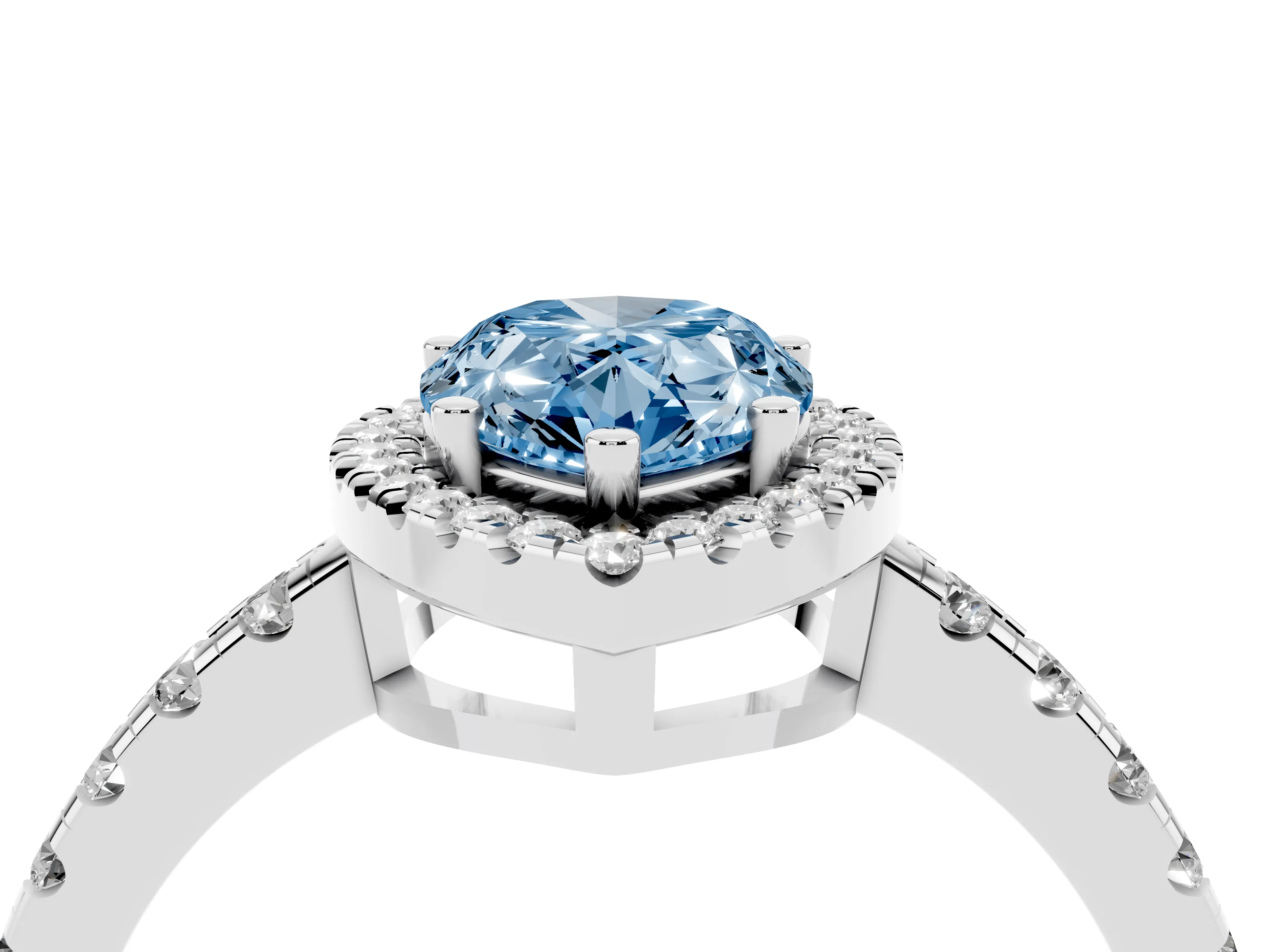 Fancy Blue Pear Cut Diamond Halo Ring Set in White gold with Delicate Pavé Band and Prong Setting