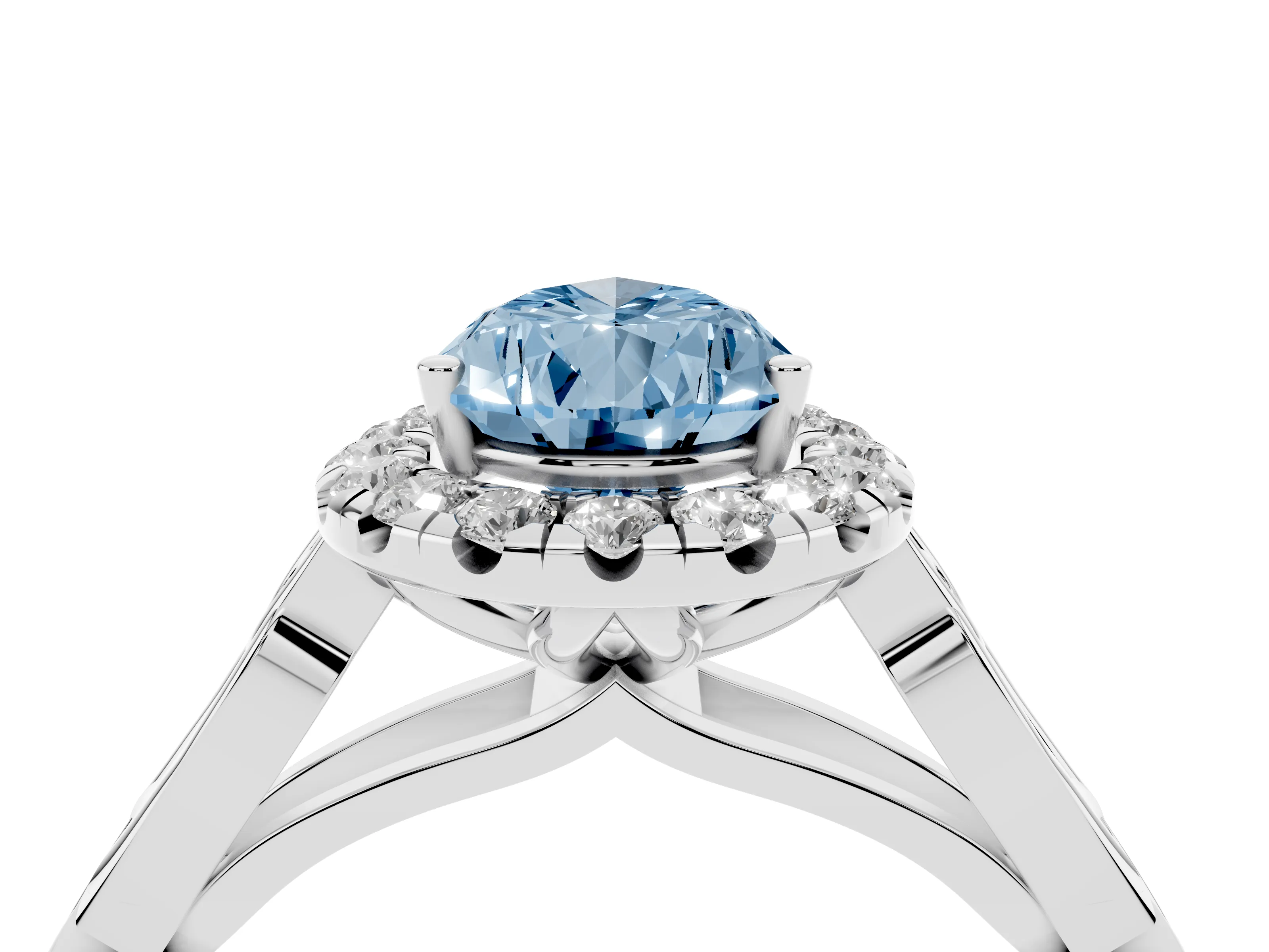Fancy Blue Pear Cut Diamond Halo Engagement Ring Set in Platinum with Filigree Band and Prong-Set Center