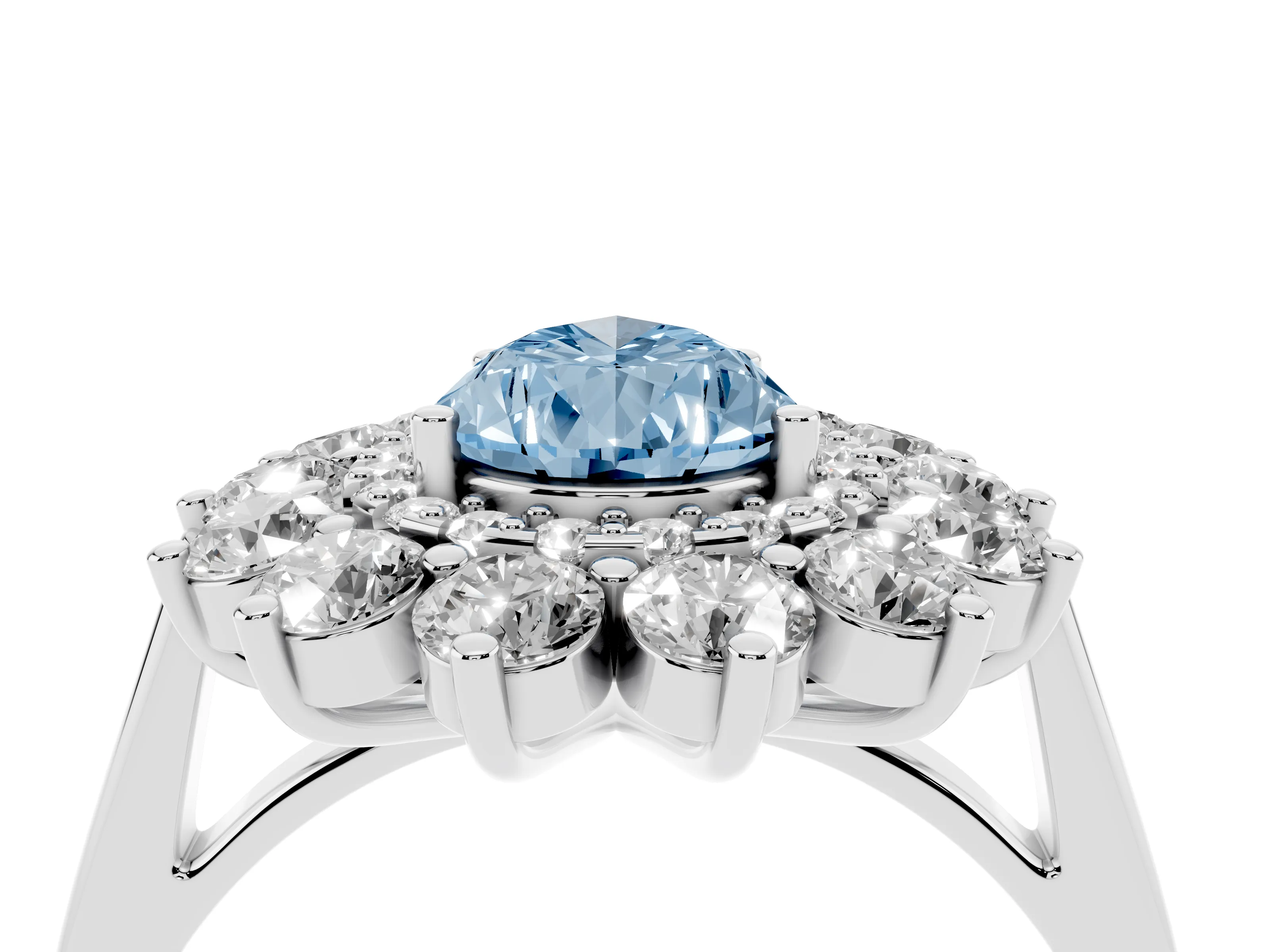 Fancy Blue Pear Cut Diamond Floral Double Halo Ring Set in White gold with Round Petals