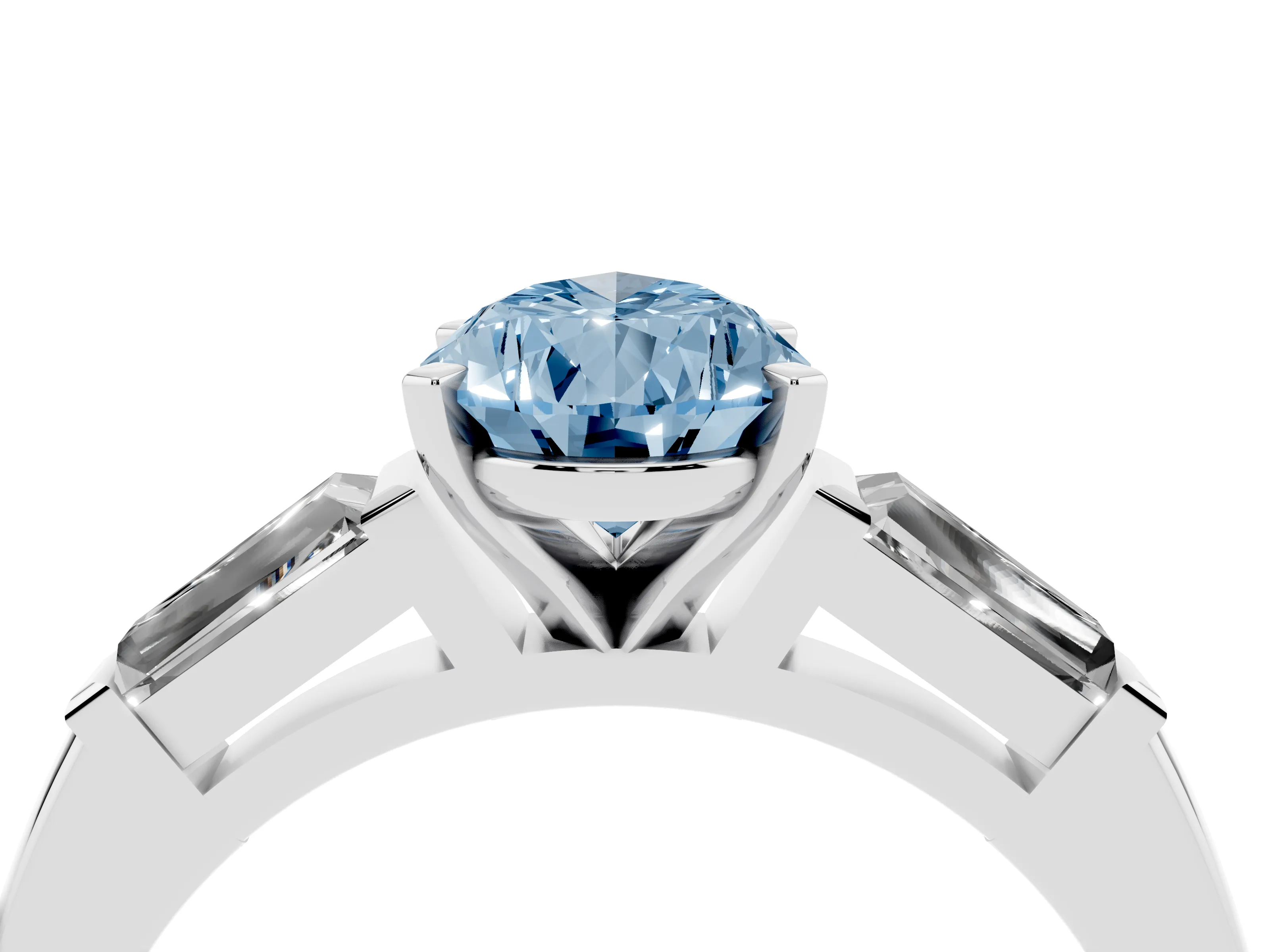 Fancy Blue Pear Cut Diamond Solitaire Ring Set in Platinum with Tapered Baguette Side Stones and Prong Setting