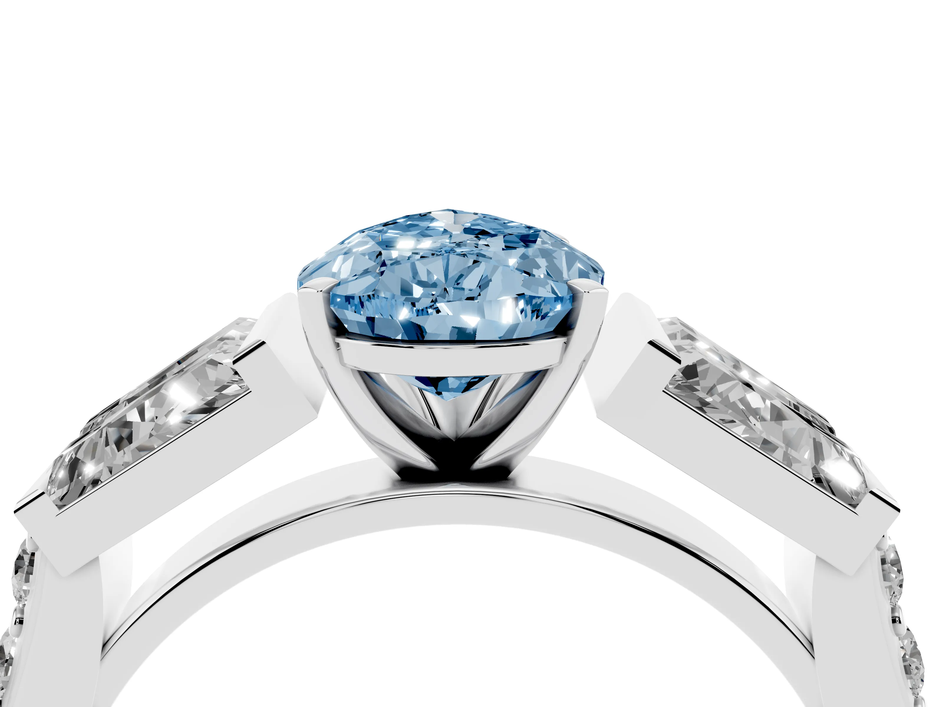 Fancy Blue Pear Cut Diamond Engagement Ring Set in White gold with Baguette Side Stones and Channel Set Band