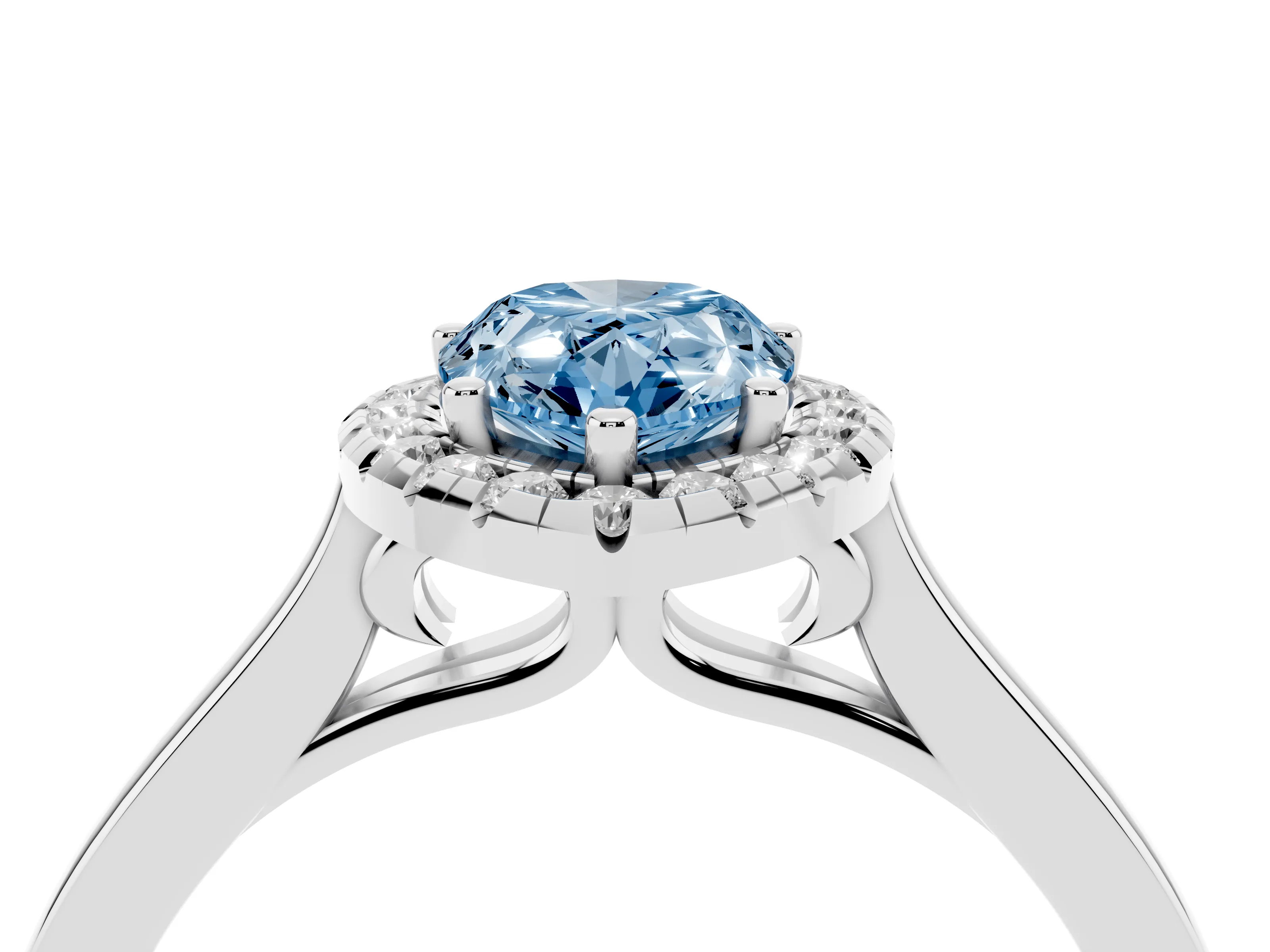Fancy Blue Pear Cut Halo Round Diamond Solitaire Ring Set in White gold with Pavé Band and Prong Setting
