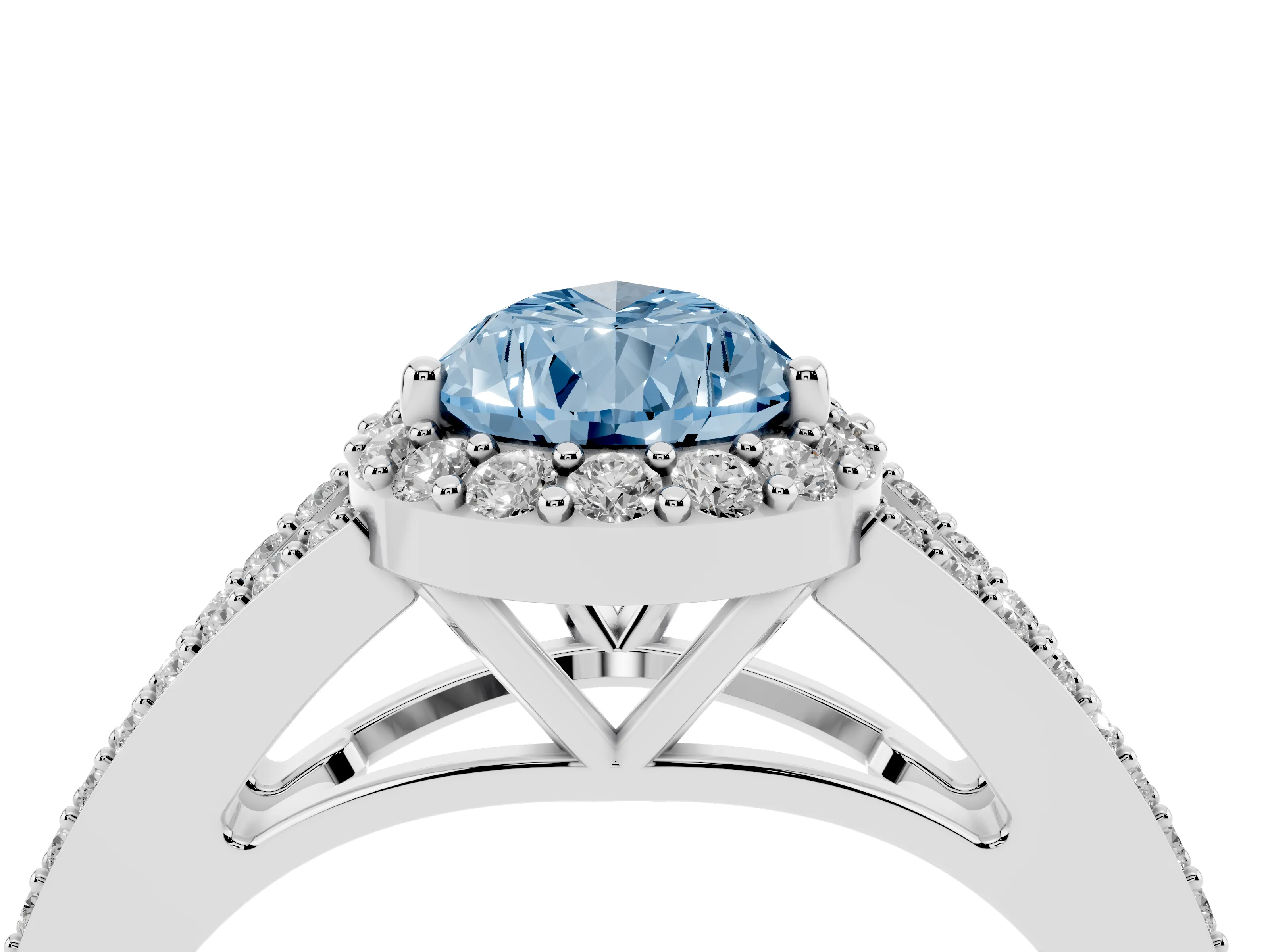 Fancy Blue Pear Cut Diamond Halo Split Shank Pavé Ring Set in Platinum with Prong Setting