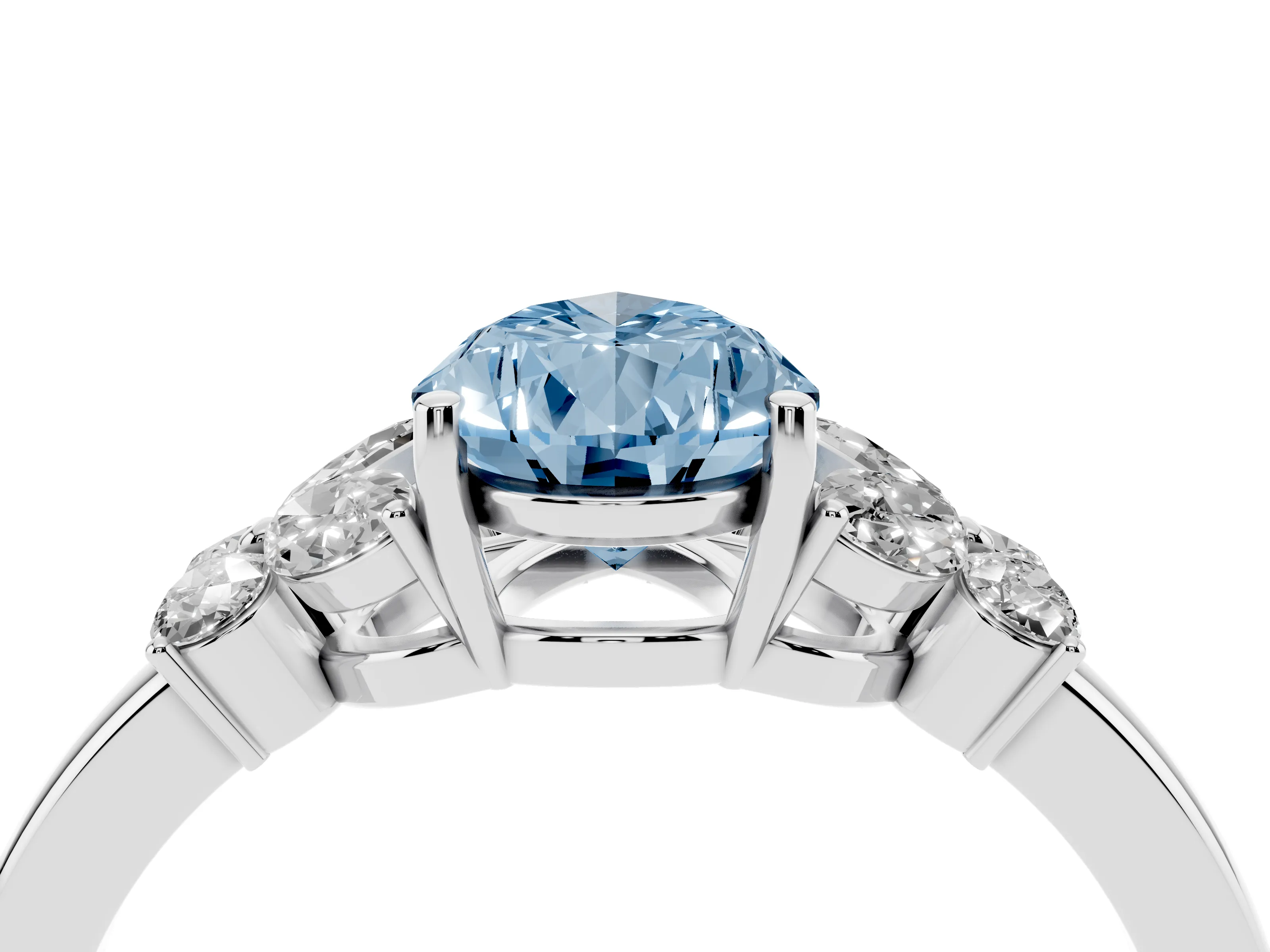 Fancy Blue Pear Cut Diamond Solitaire Floral Ring Set in Silver with Marquise Petals and Prong Setting