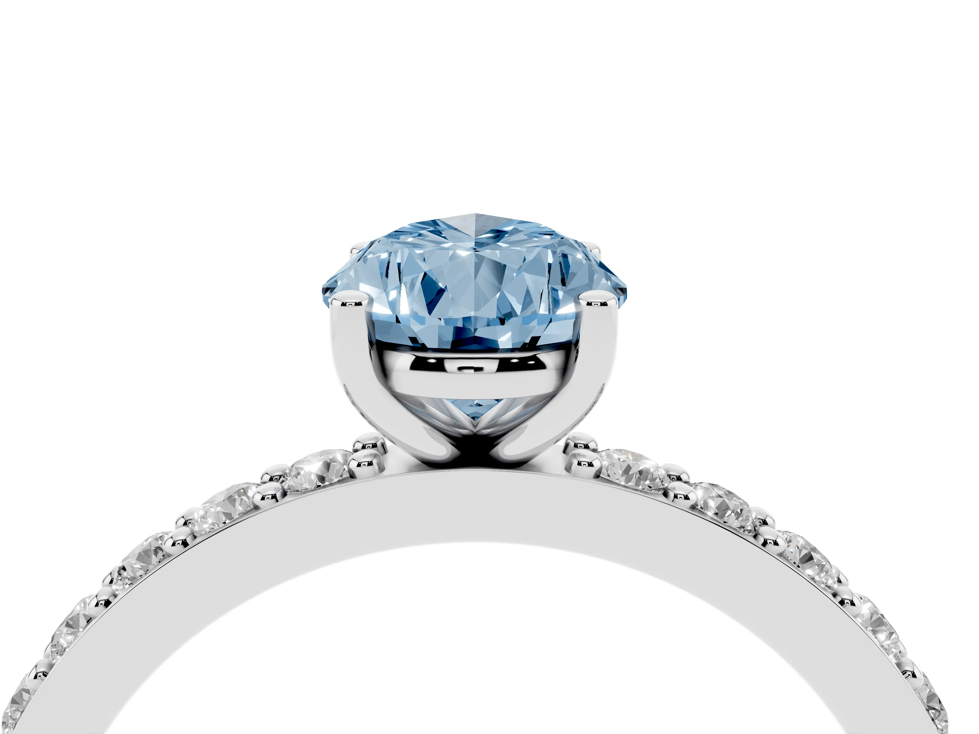 Fancy Blue Pear Cut Diamond Solitaire Set in White gold with Round Pavé Band and Prong Setting