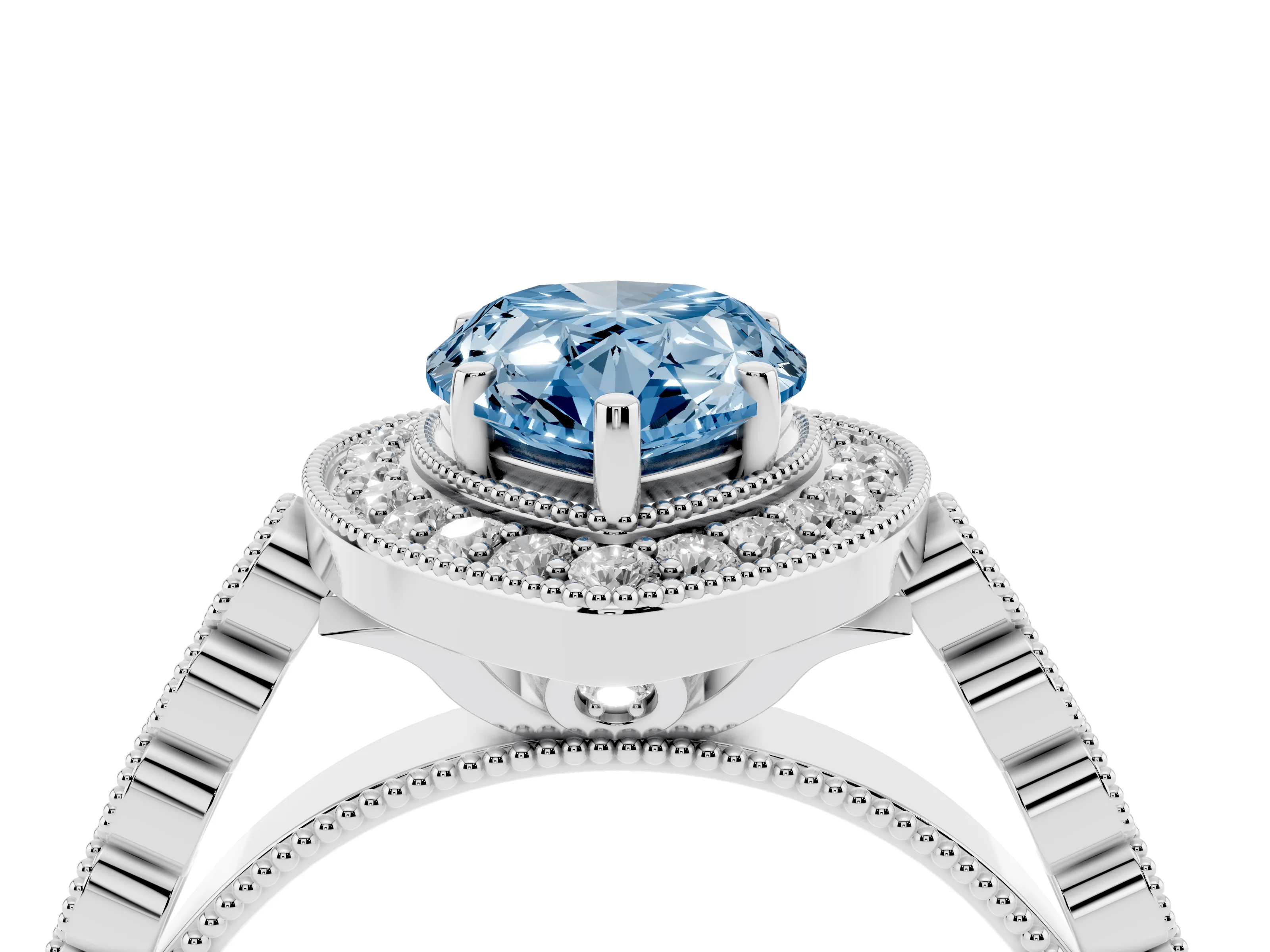Fancy Blue Pear Cut Diamond Milgrain Halo Solitaire Ring Set in White gold with Bezel Set Side Stones and Pavé Band