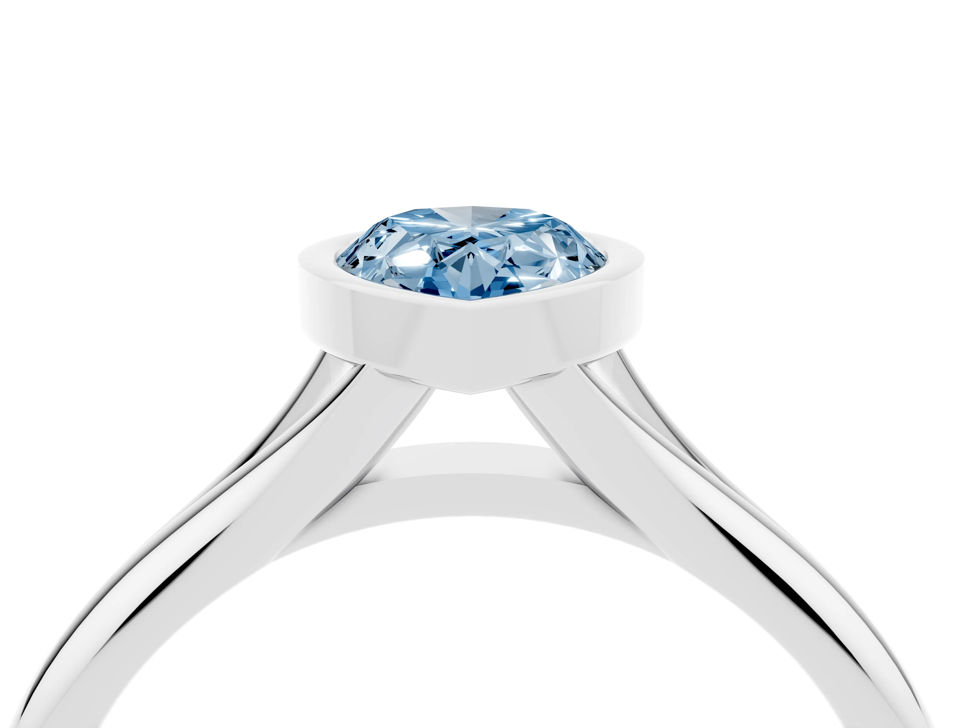 Fancy Blue Bezel Set Pear Cut Diamond Solitaire Ring Set in Platinum with Smooth Band