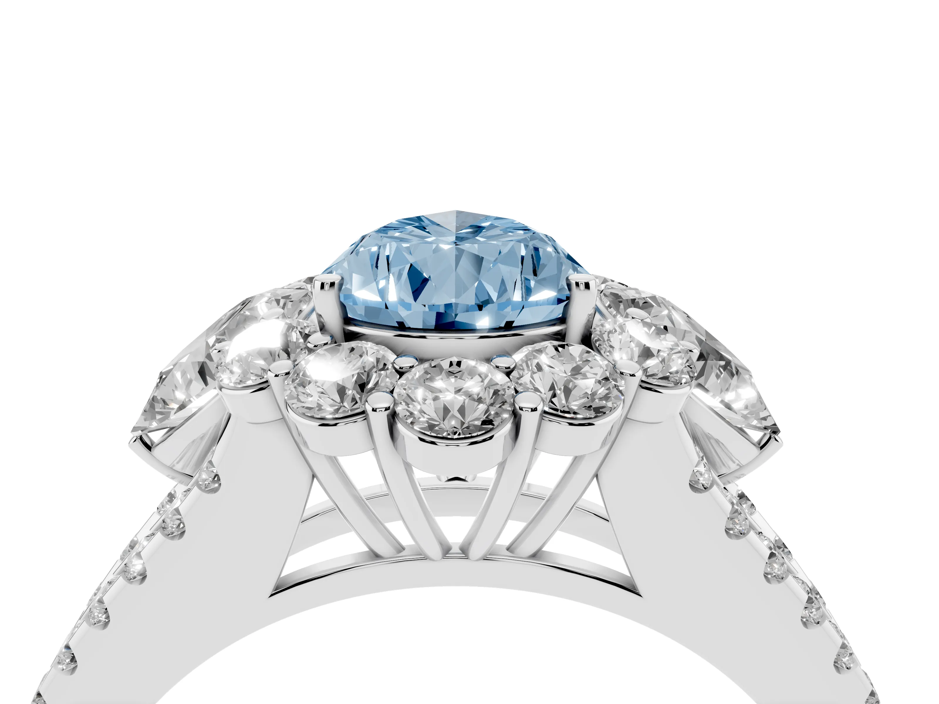 Fancy Blue Pear Cut Diamond Halo Split Shank Engagement Ring Set in Silver with Prong-Held Center Stone