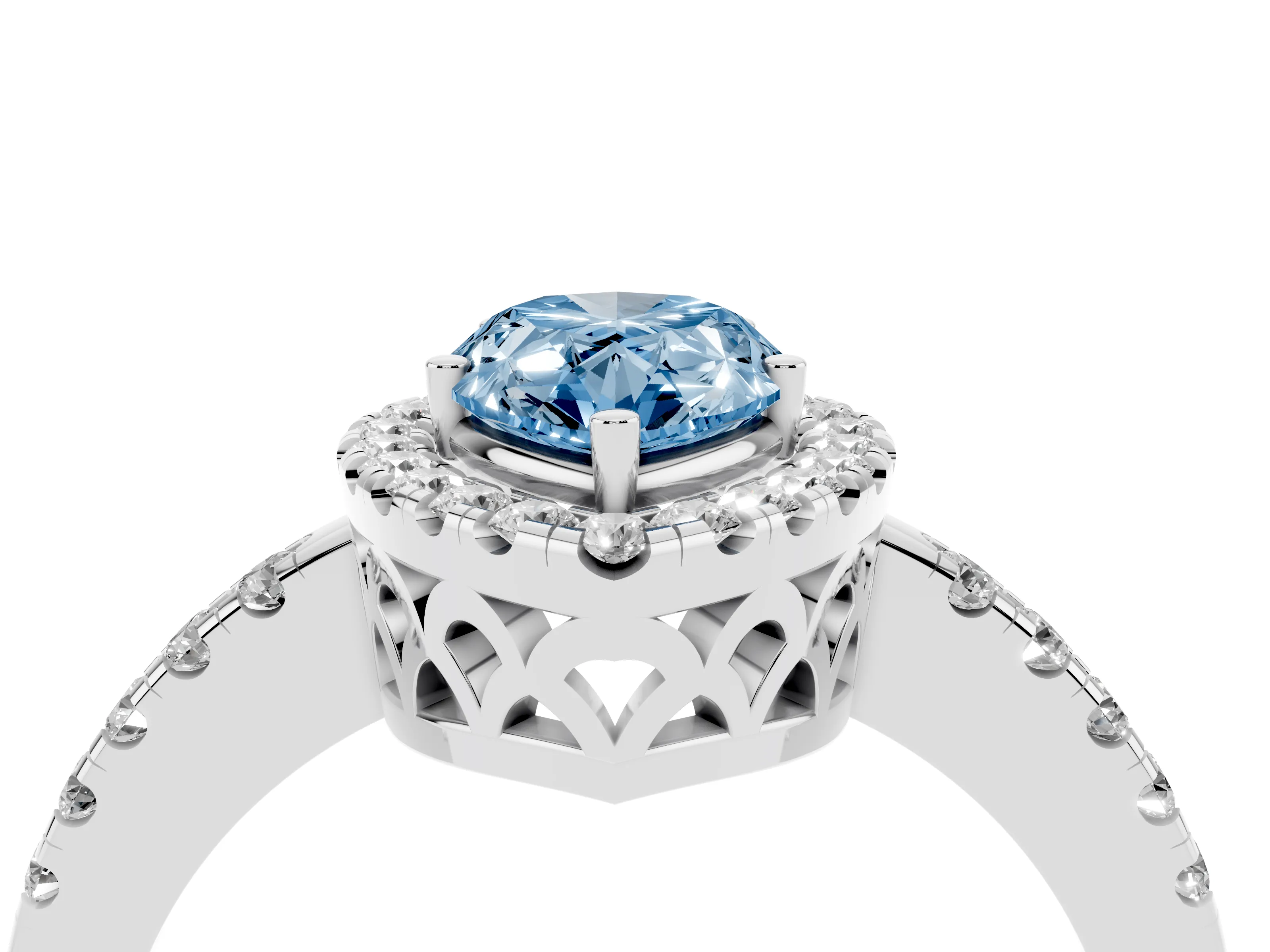 Fancy Blue Pear Cut Diamond Pavé Band Halo Engagement Ring Set in White gold with Prong Setting