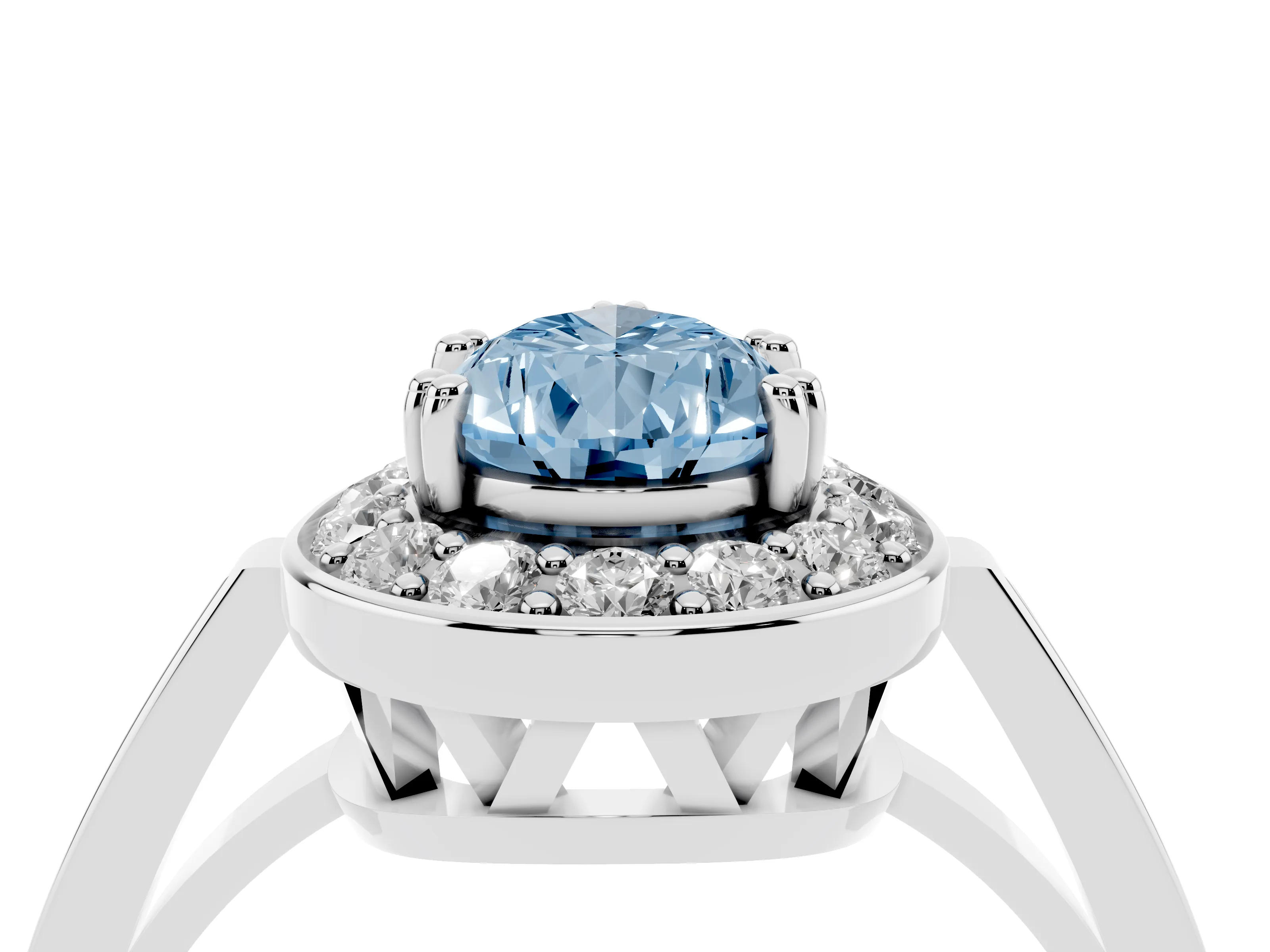 Fancy Blue Pear Cut Diamond Halo Ring Set in Silver with Accent-Lined Split Shank and Prong Setting