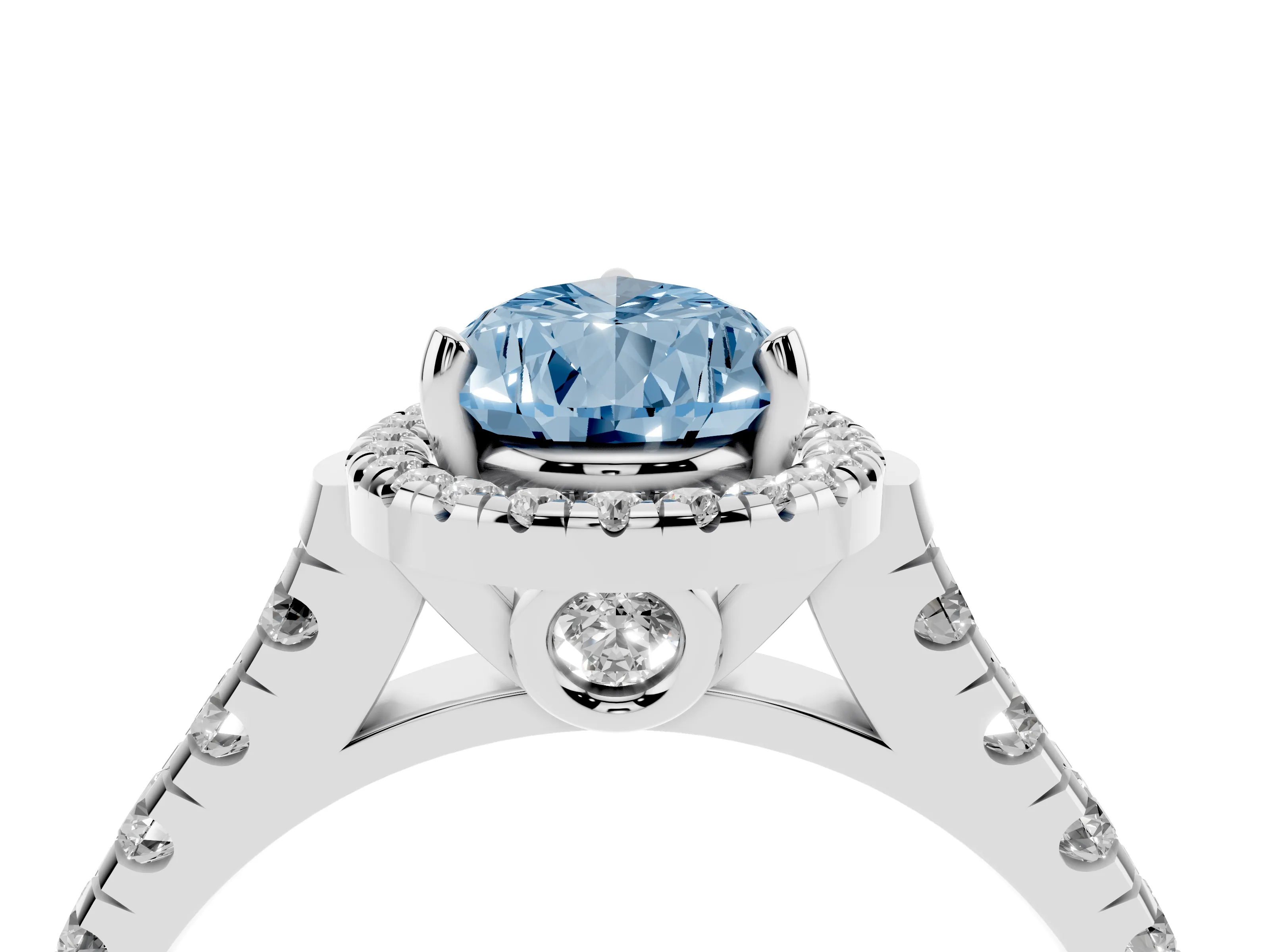Fancy Blue Pear Cut Diamond Halo Engagement Ring Set in Silver with Pavé Band and Prong-Set Center