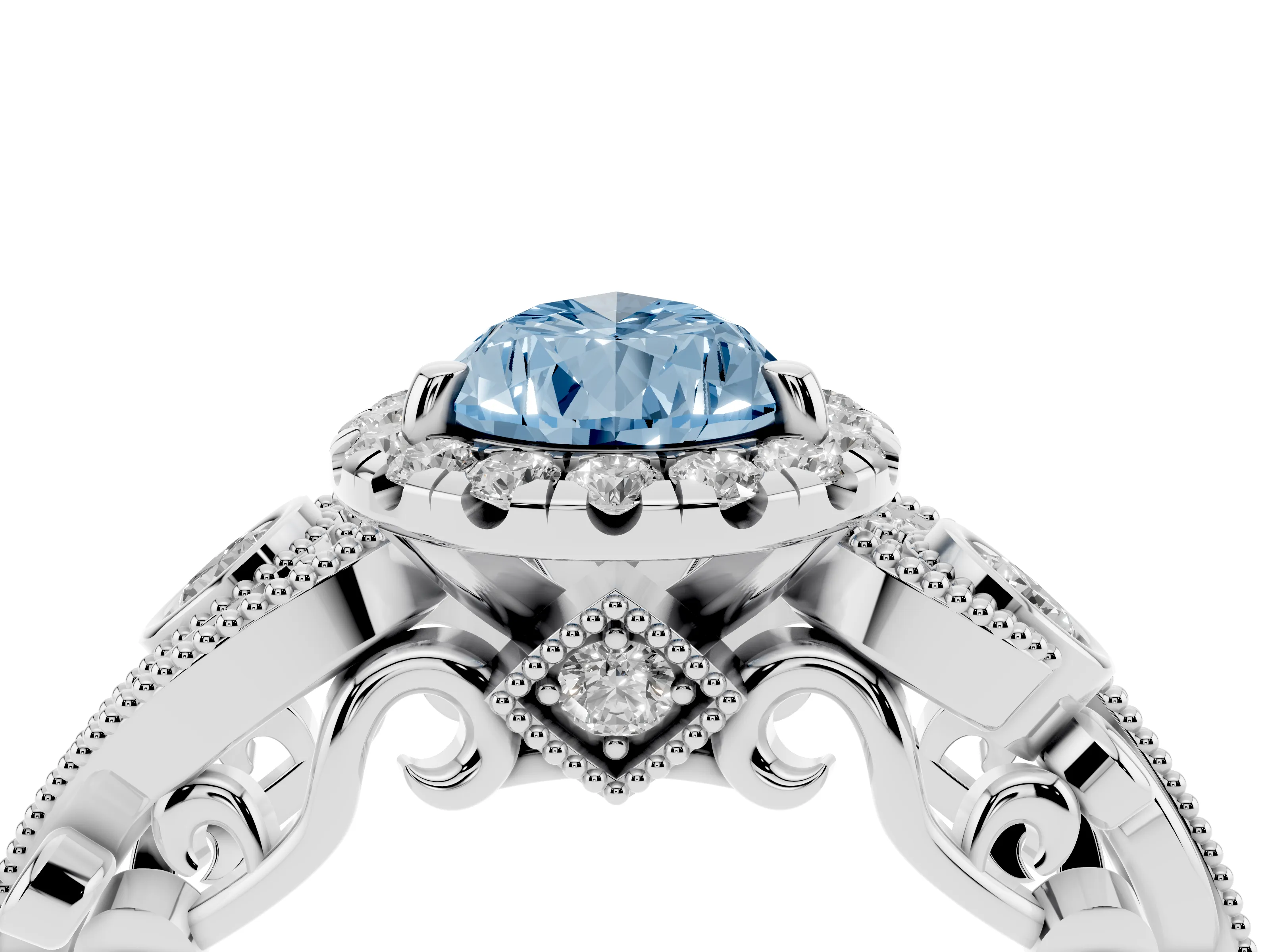 Fancy Blue Pear Cut Diamond Halo Ring Set in Silver with Milgrain Pavé Band and Prong Setting