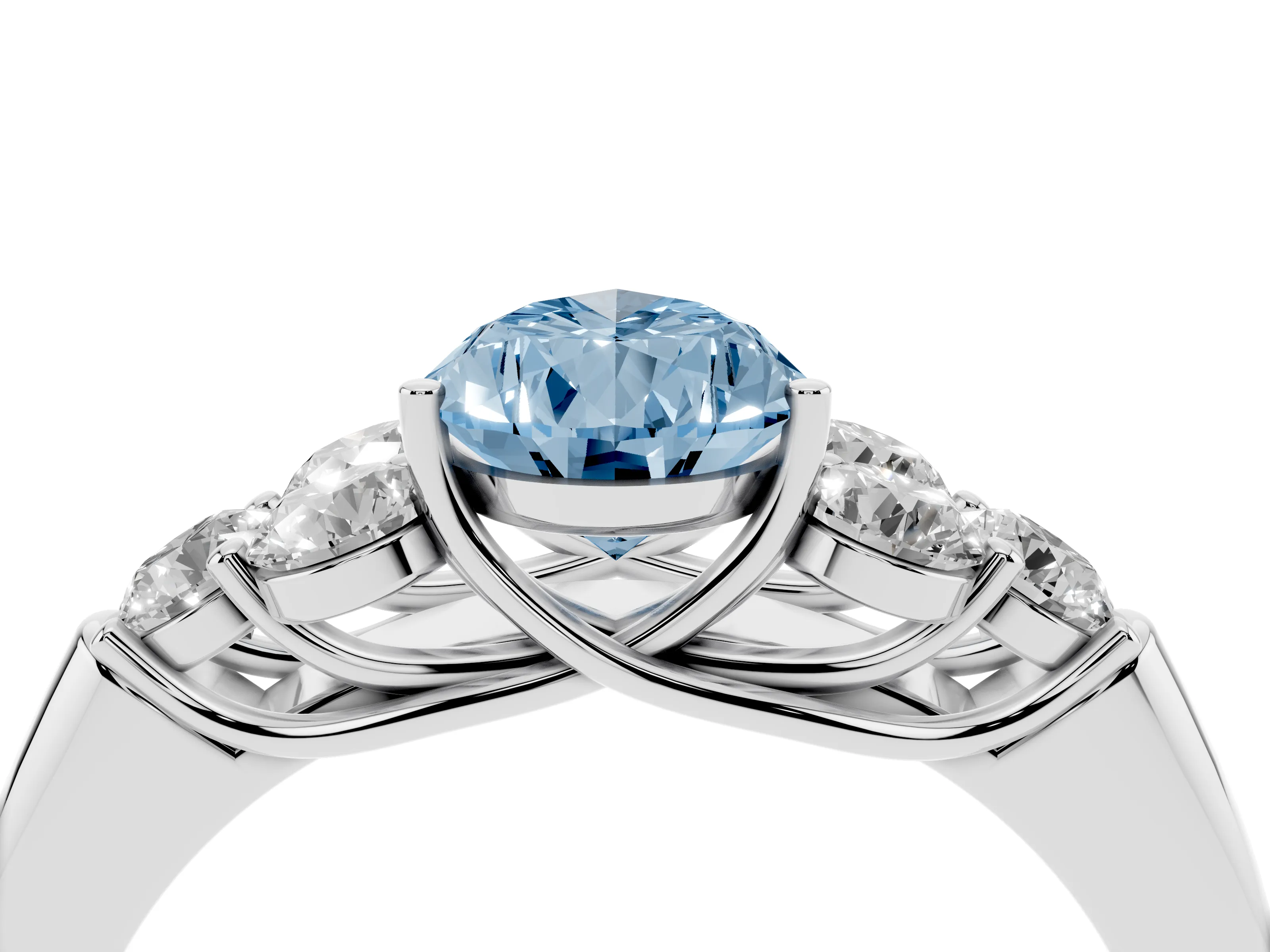 Fancy Blue Pear Cut Diamond Cluster Ring Set in Platinum with Round Accent Stones and Prong Setting on a Plain Band
