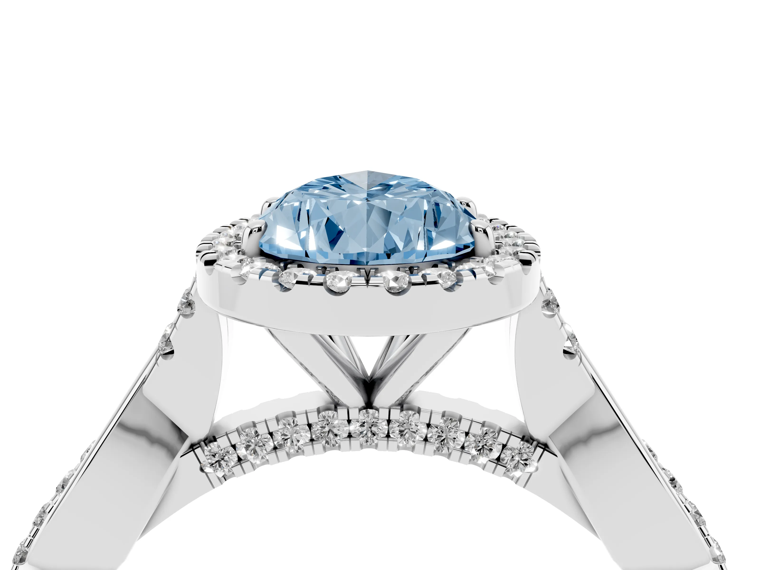 Fancy Blue Pear Cut Diamond Halo Twist Band Solitaire Ring Set in White gold with Prong Setting
