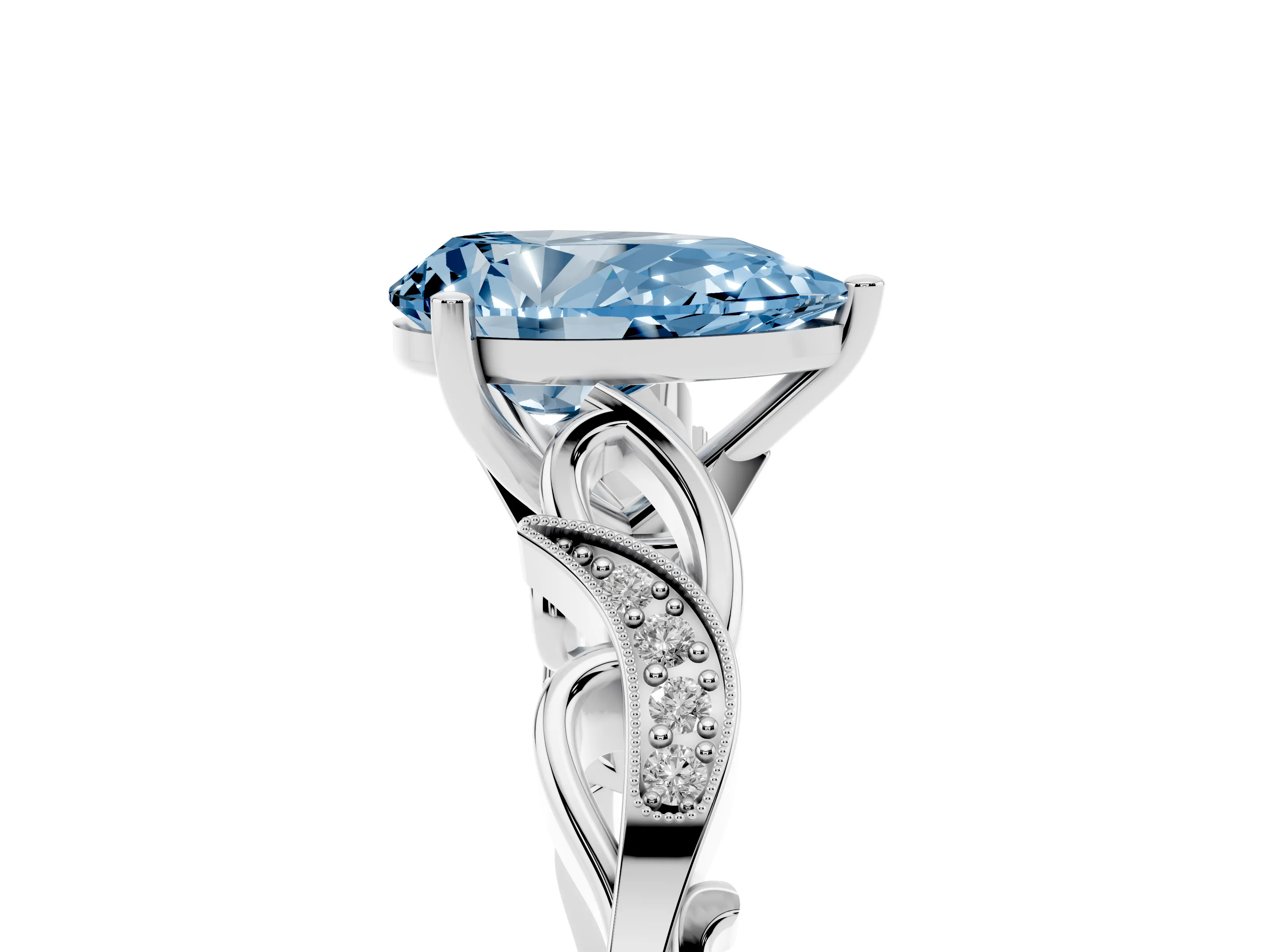Fancy Blue Pear Cut Diamond Vine Band Solitaire Ring Set in Silver with Milgrain Prong Setting