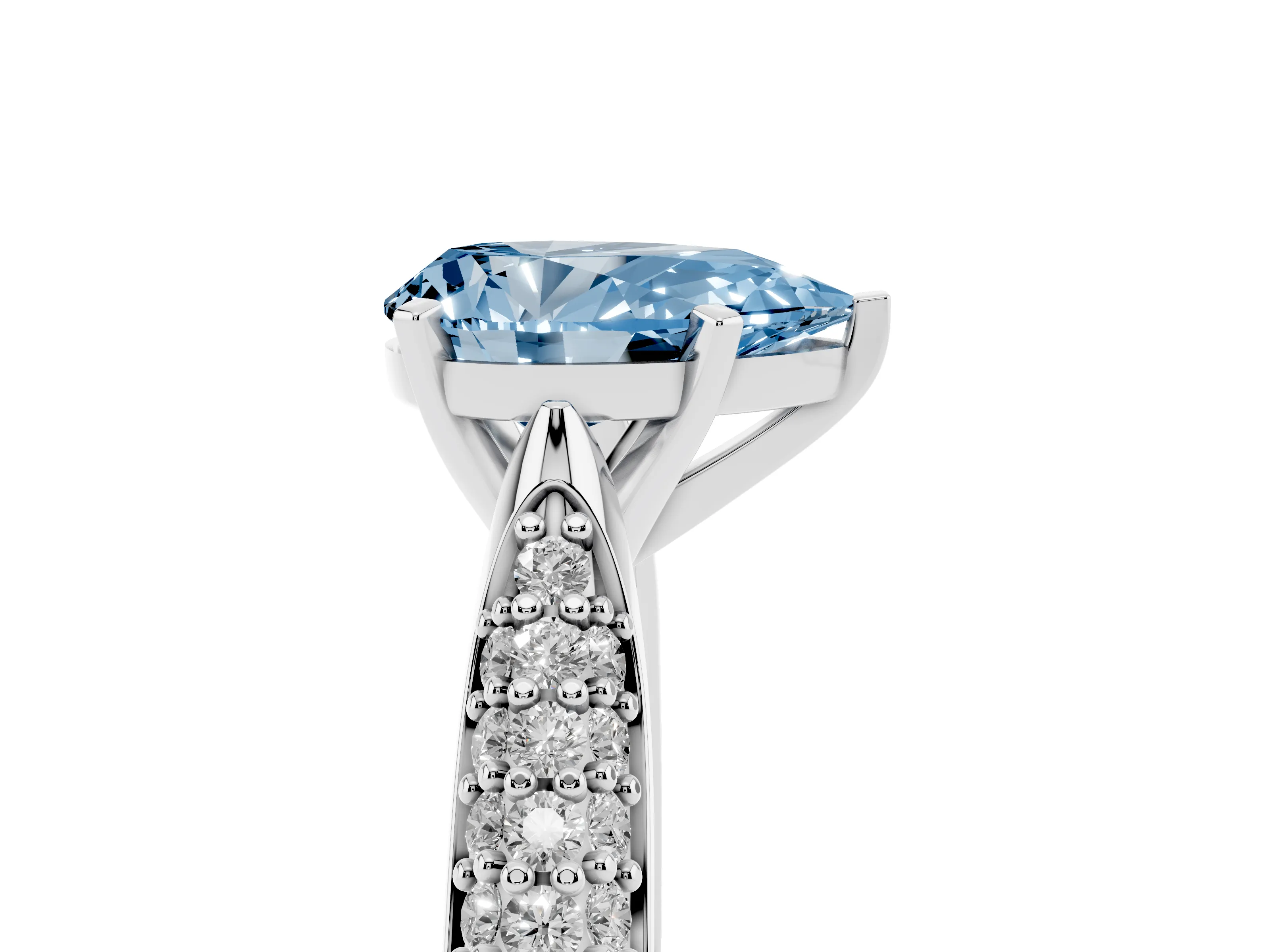 Fancy Blue Pear Cut Diamond Solitaire Engagement Ring Set in Platinum with Multi-Row Round Pavé Band and Prong Setting
