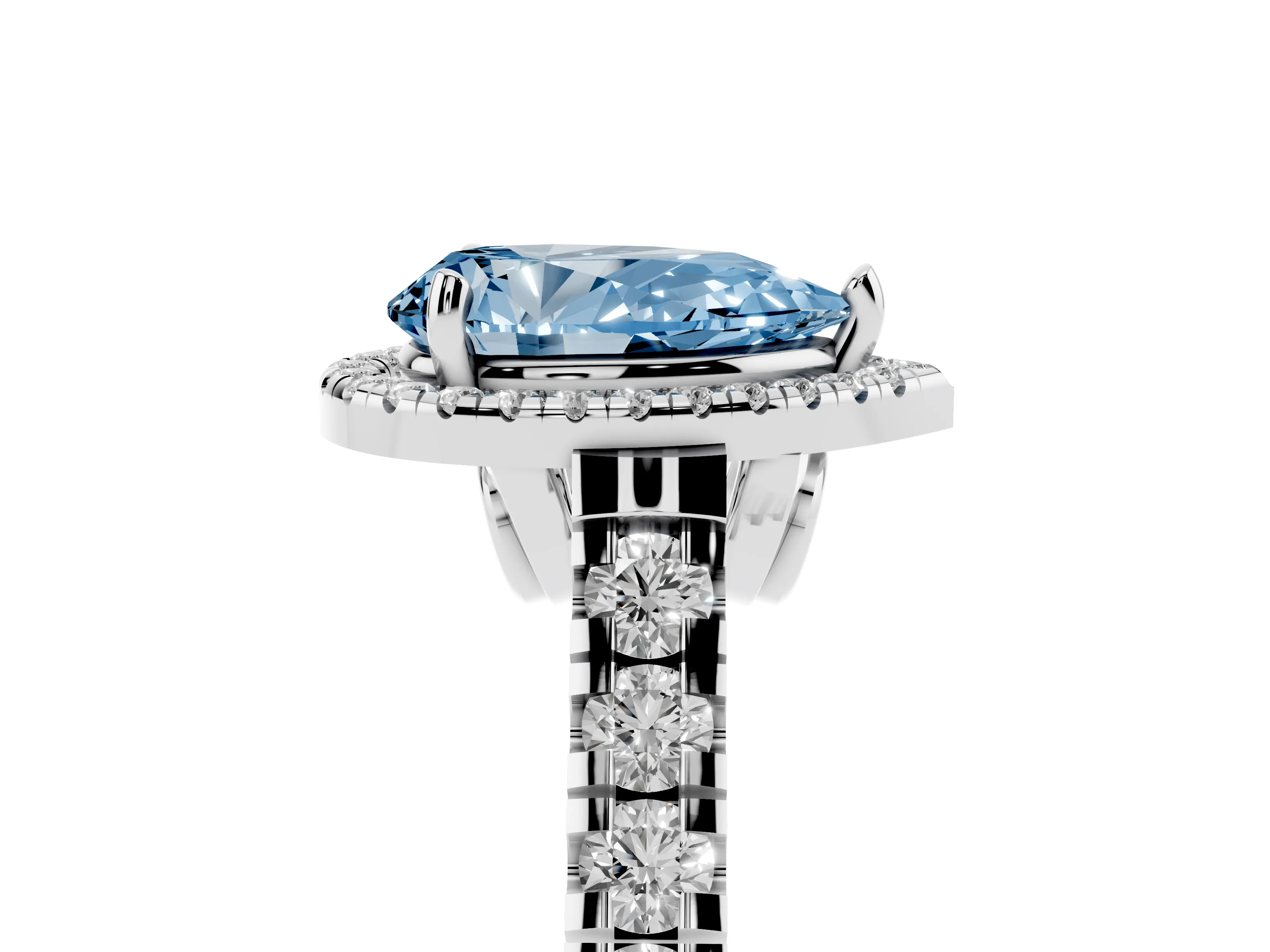 Fancy Blue Pear Cut Diamond Halo Engagement Ring Set in Silver with Pavé Band and Prong-Set Center