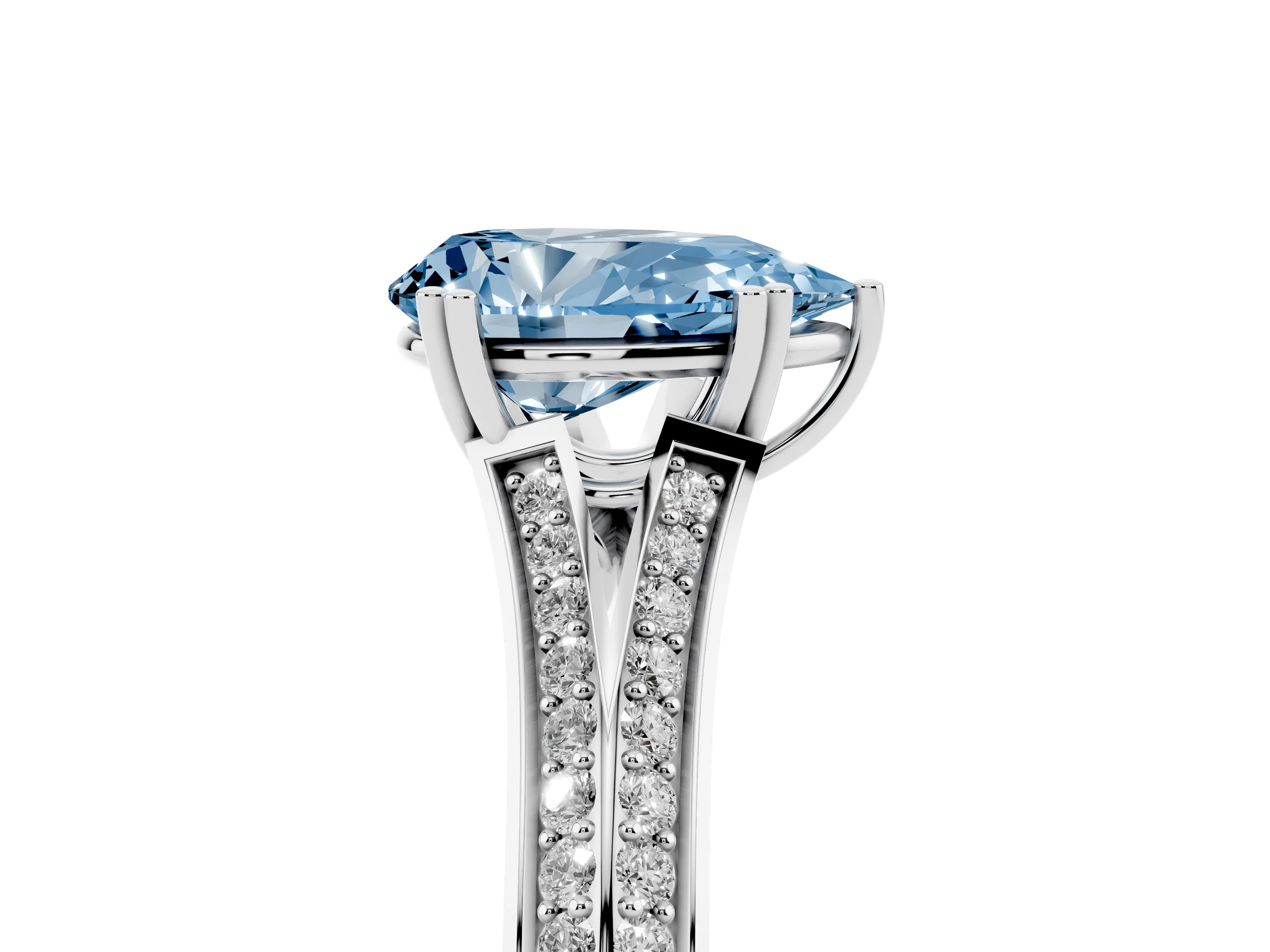 Fancy Blue Pear Cut Diamond Split Shank Pavé Engagement Ring Set in White gold with Prong-Set Center Stone