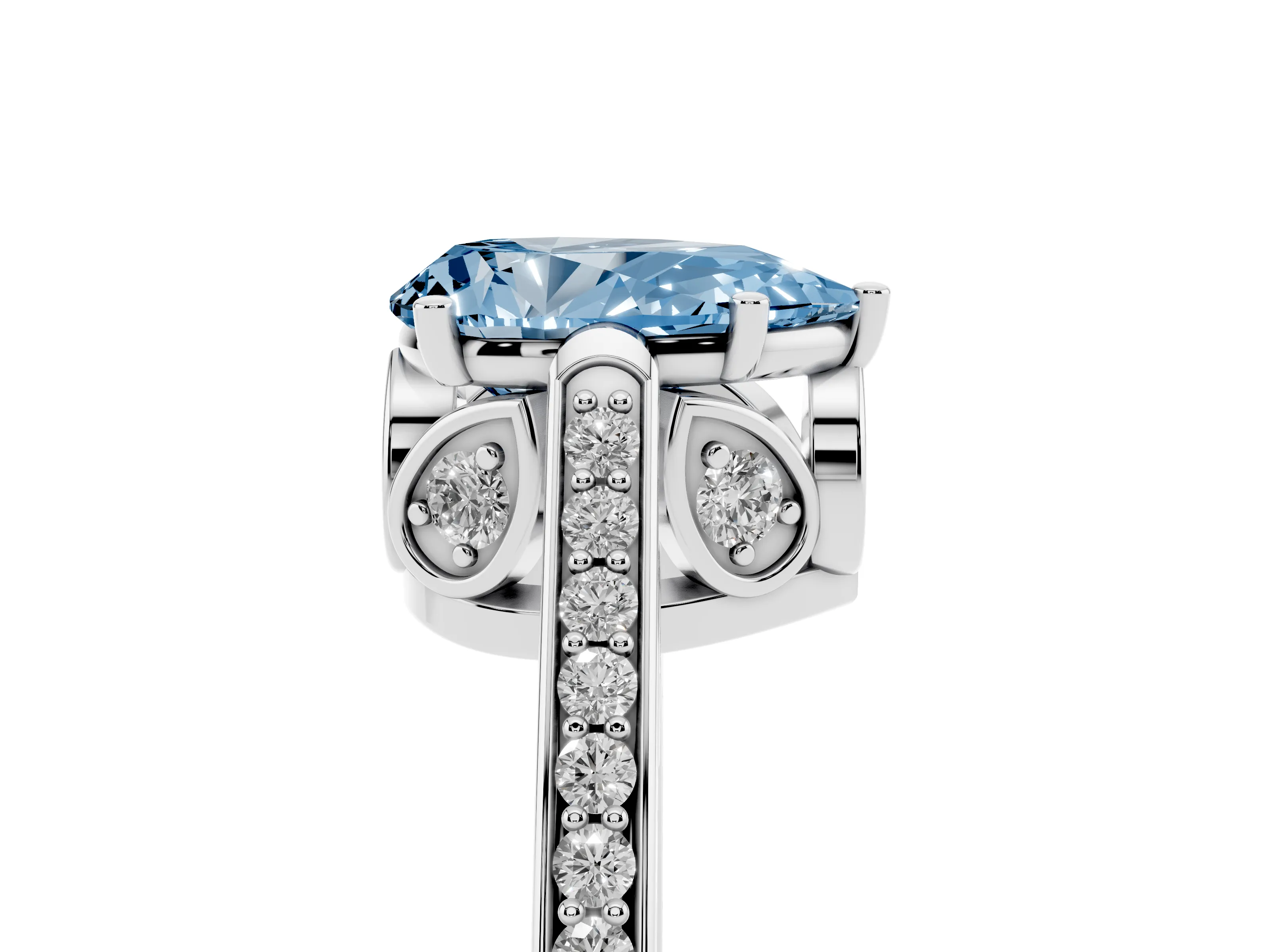 Fancy Blue Pear Cut Diamond Cathedral Pavé Engagement Ring Set in Platinum with Prong Setting