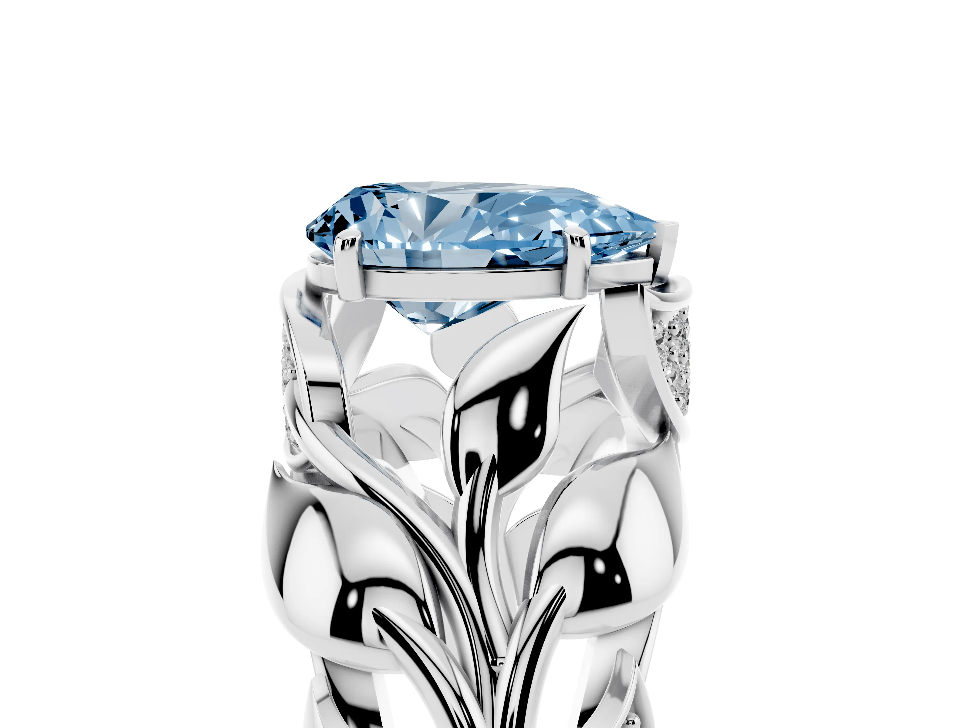 Fancy Blue Pear Cut Diamond Leaf-Inspired Engagement Ring Set in Silver with Round Accents