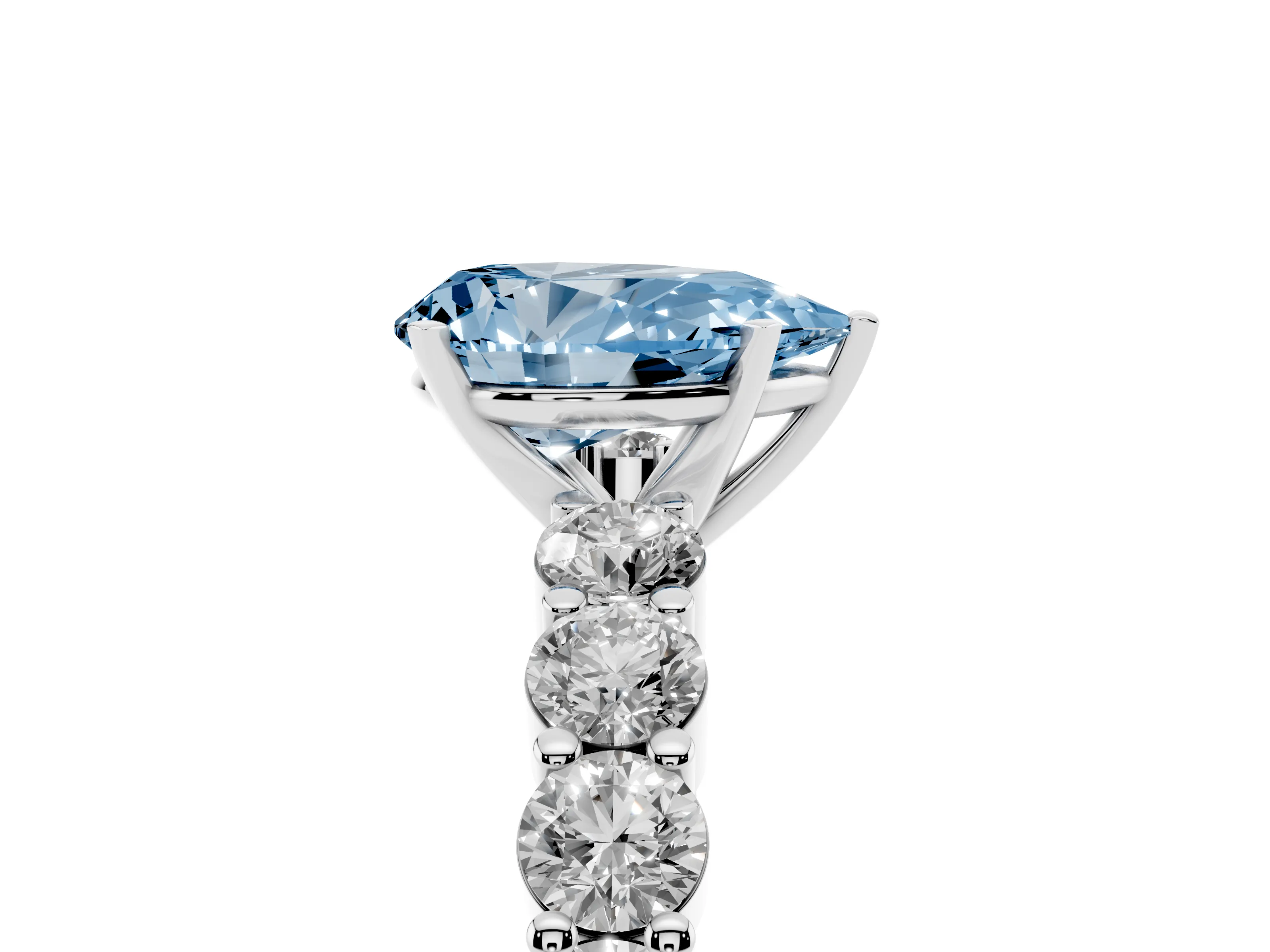 Fancy Blue Pear Cut Diamond Solitaire Ring Set in Platinum with Shared Prong Round Side Stones