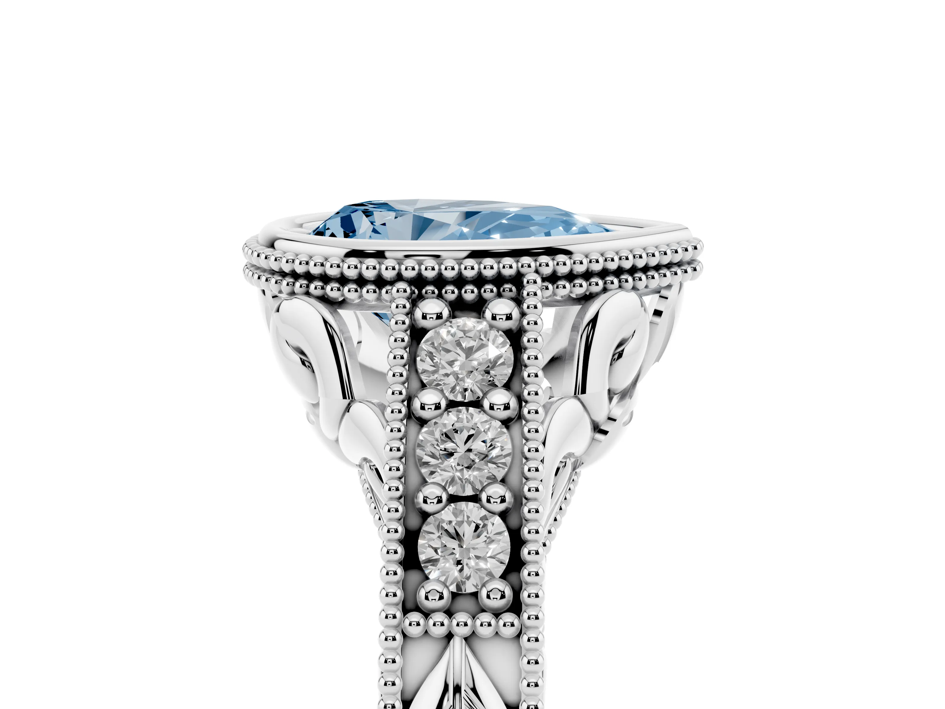 Fancy Blue Bezel Set Pear Cut Diamond Milgrain Pavé Engagement Ring Set in Silver