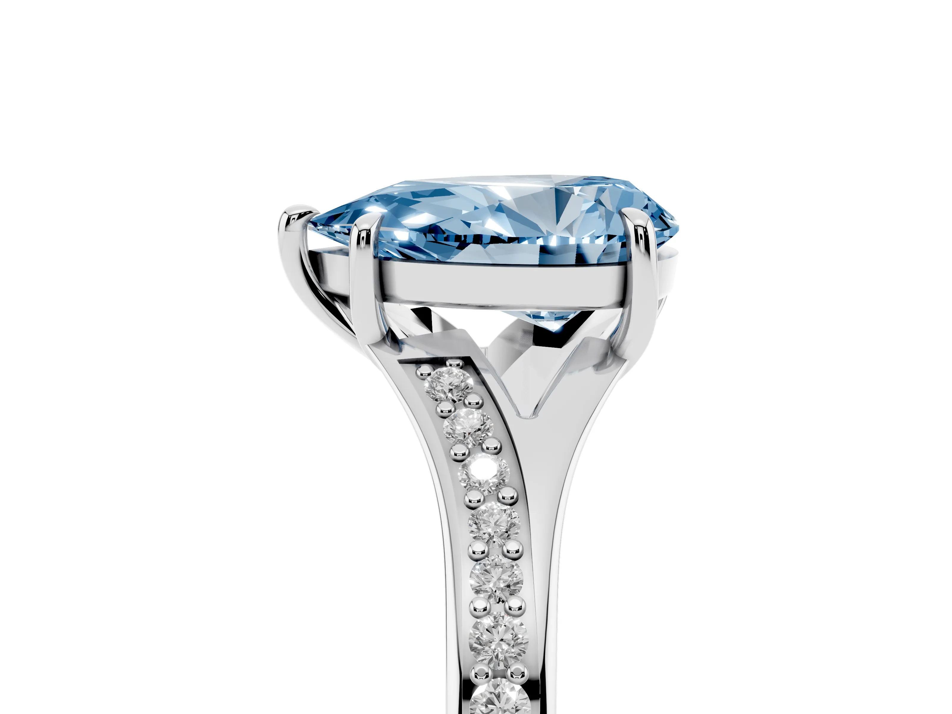 Fancy Blue Pear Cut Diamond Solitaire Ring Set in White gold with Pavé Accent Band and Classic Prong Setting