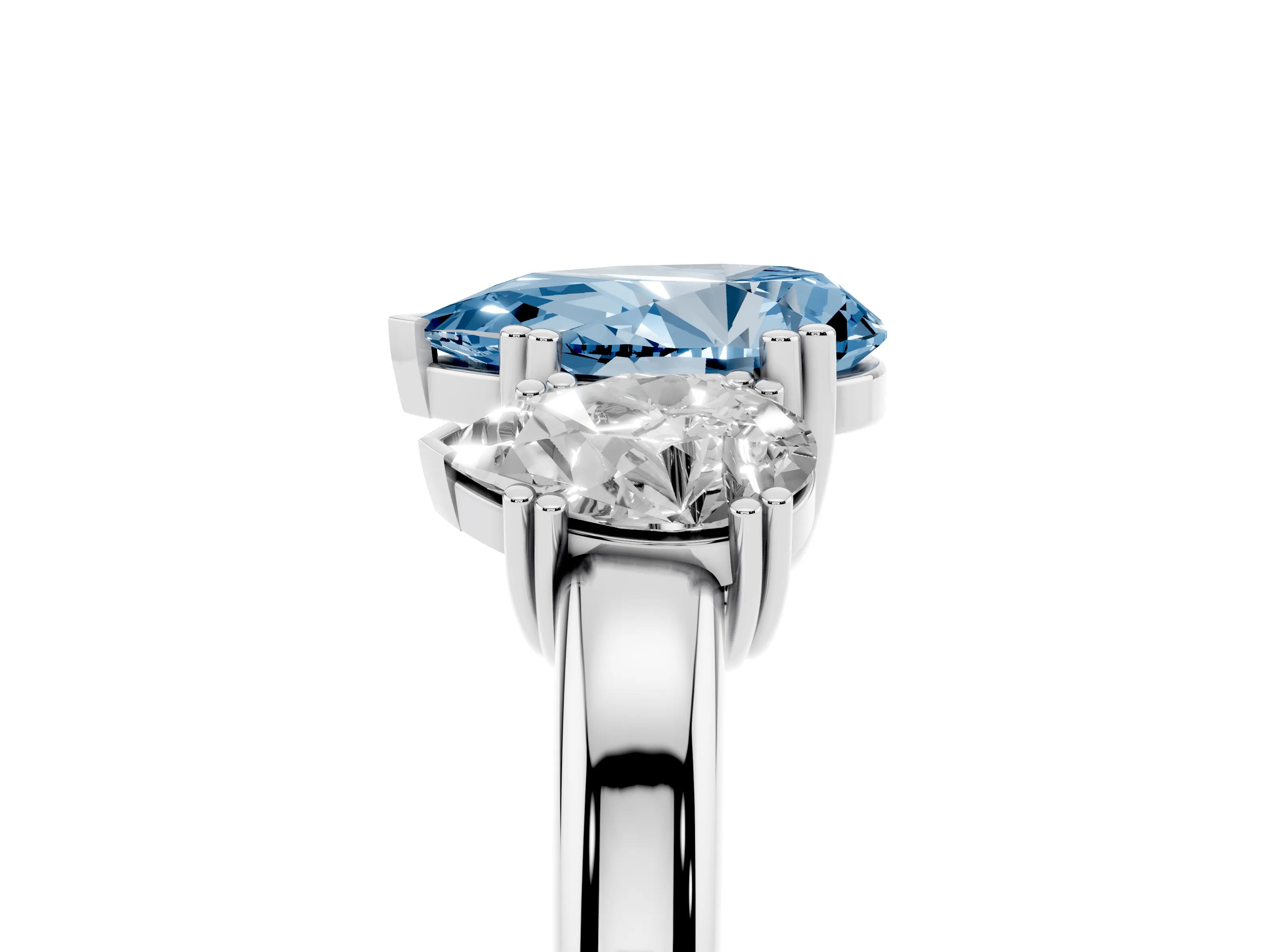 Fancy Blue Pear Cut Diamond Three-Stone Ring Set in White gold with Polished Channel-Set Band