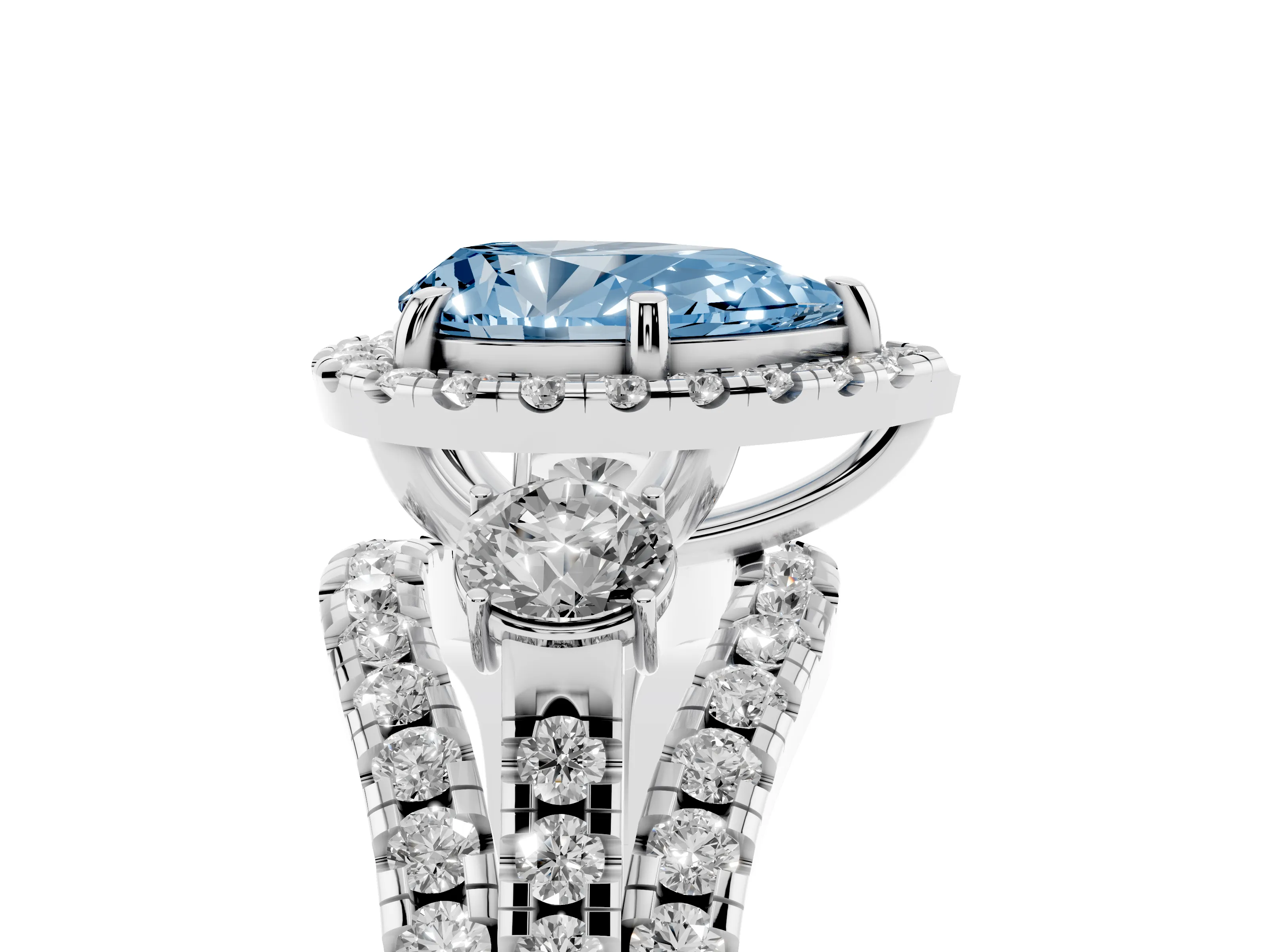 Fancy Blue Pear Cut Diamond Halo Split Shank Ring Set in Platinum with Round Accent Stones and Prong Setting