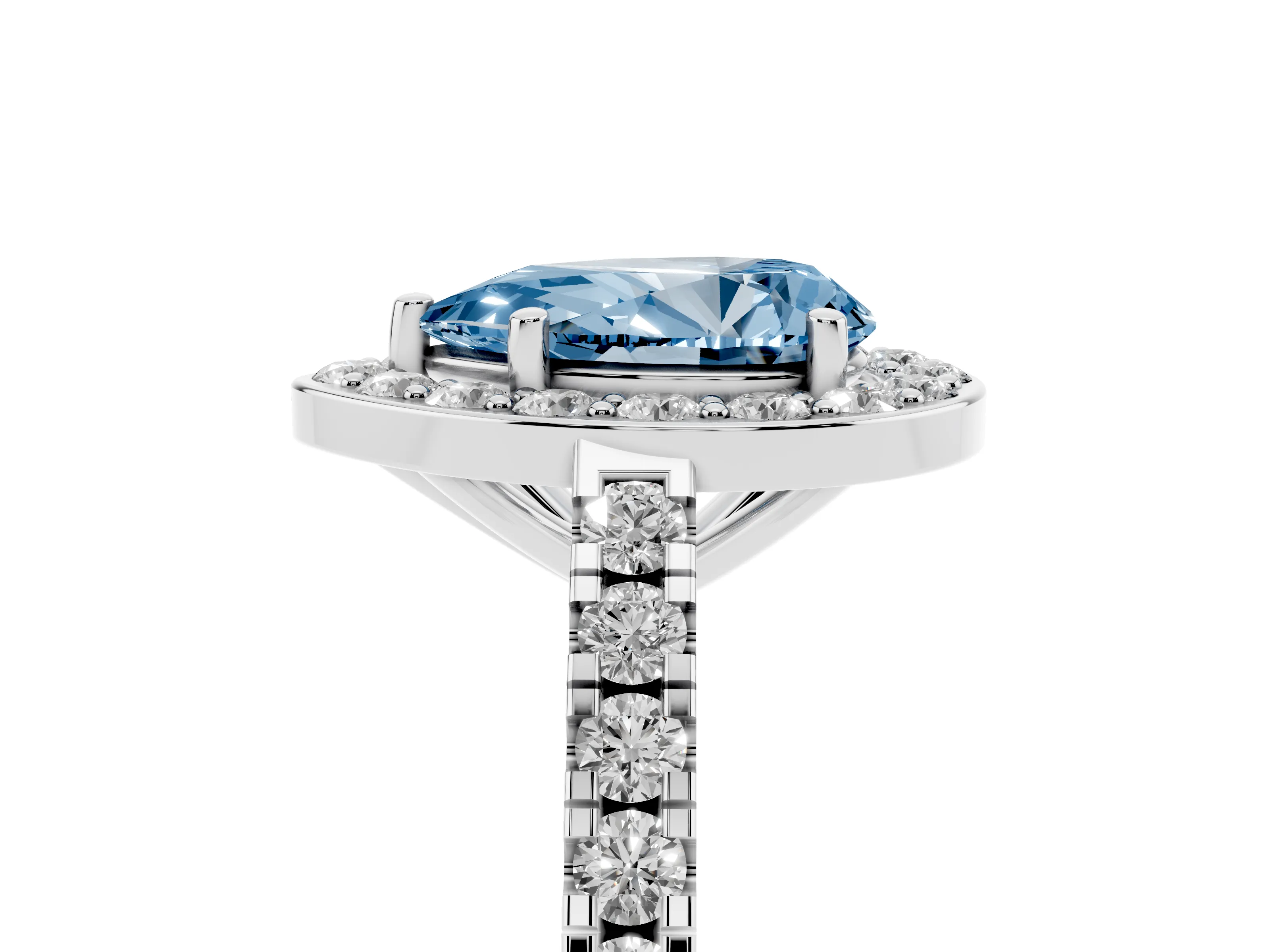 Fancy Blue Pear Cut Diamond Halo Ring Set in White gold with Round Pavé Split Shank and Prong Setting