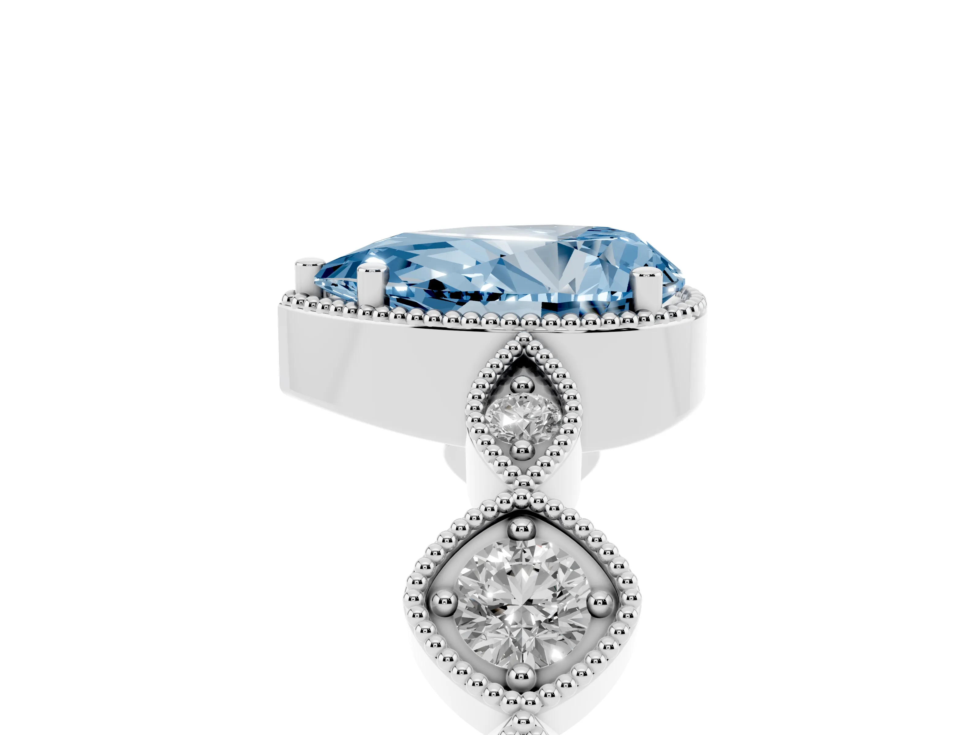 Fancy Blue Pear Cut Diamond Vintage-Inspired Milgrain Ring Set in Silver with Marquise Stations of Round Accents