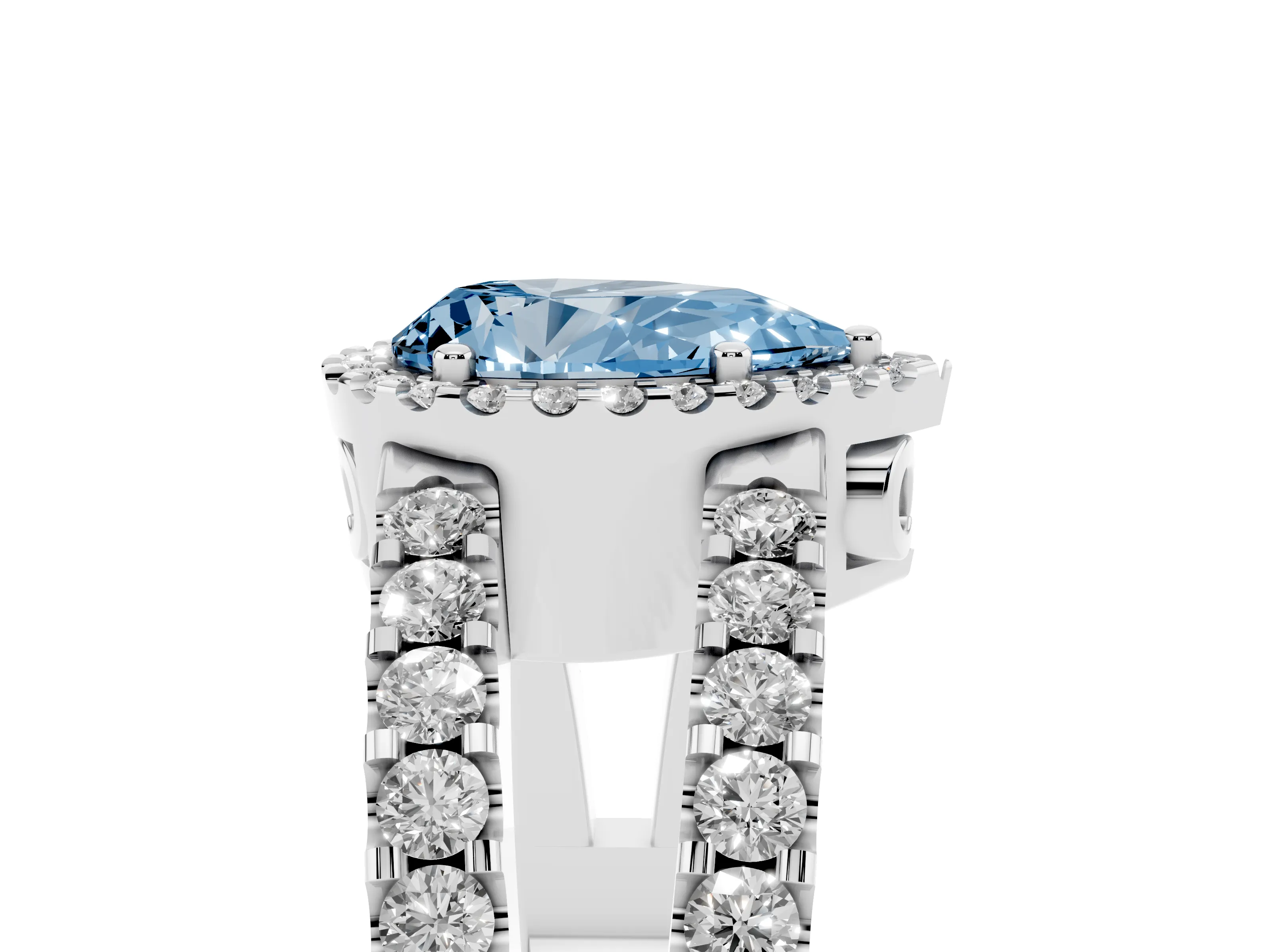 Fancy Blue Pear Cut Diamond Halo Ring Set in White gold with Pavé Split Shank and Prong Setting