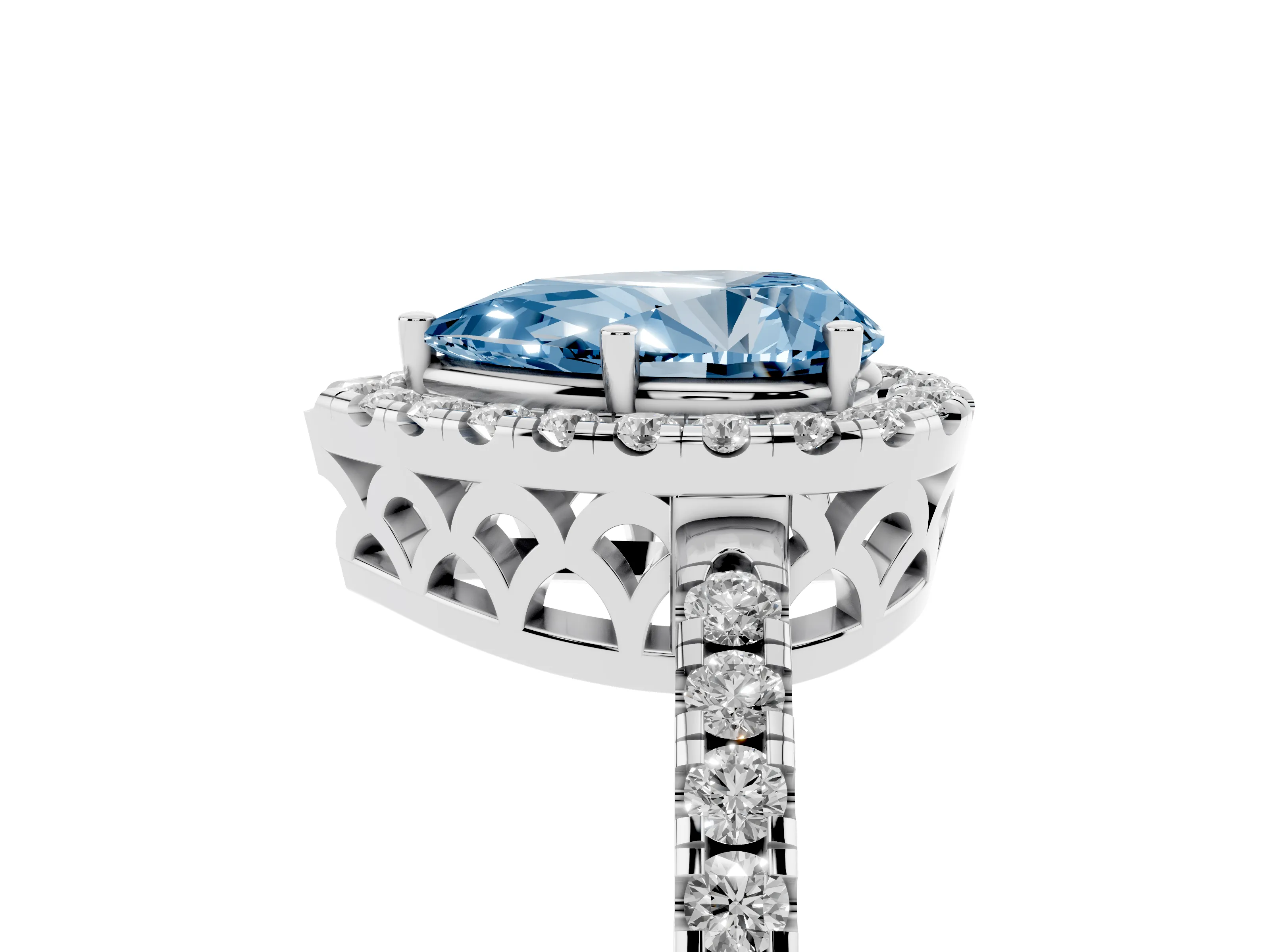 Fancy Blue Pear Cut Diamond Pavé Band Halo Engagement Ring Set in White gold with Prong Setting