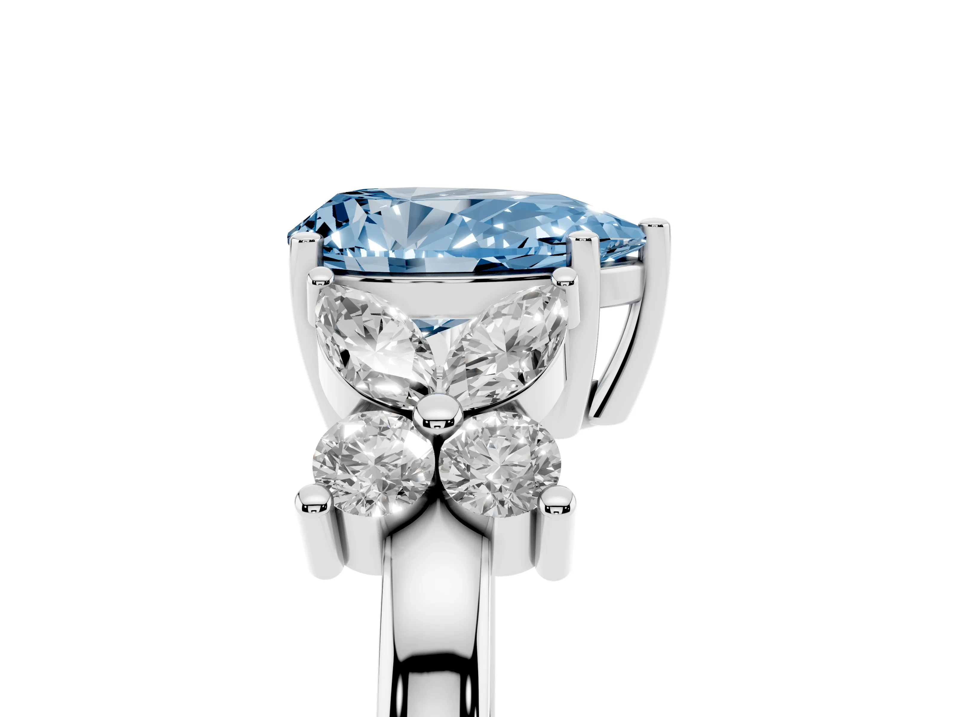 Fancy Blue Pear Cut Diamond Floral Cluster Ring Set in Silver with Marquise Petals and Prong Setting
