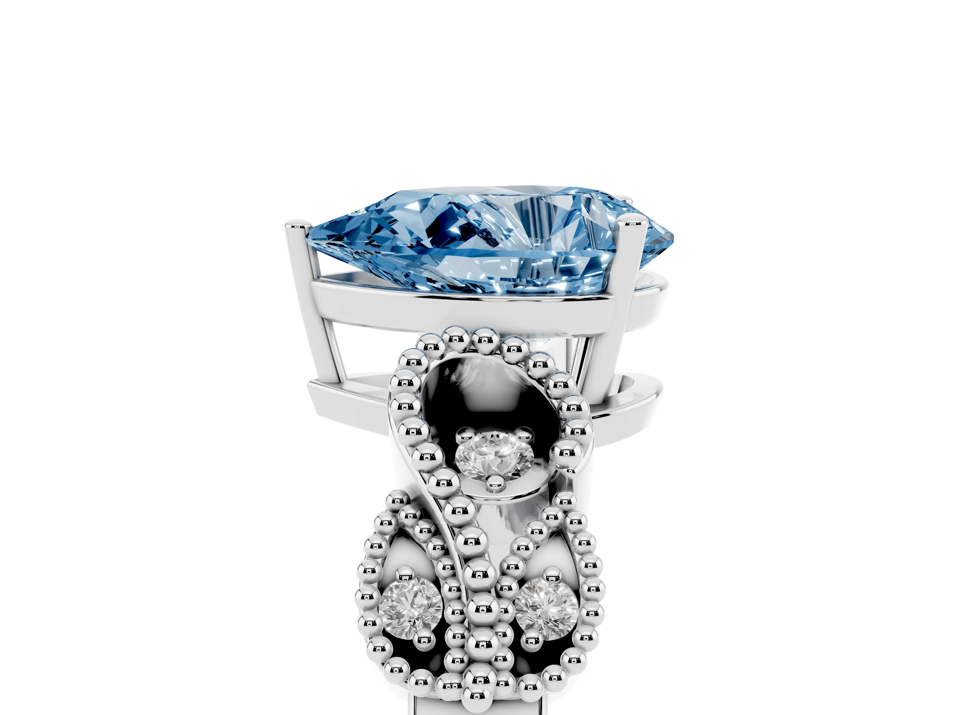 Fancy Blue Pear Cut Diamond Milgrain Leaf Band Solitaire Ring Set in White gold with Accent Stones and Prong Setting
