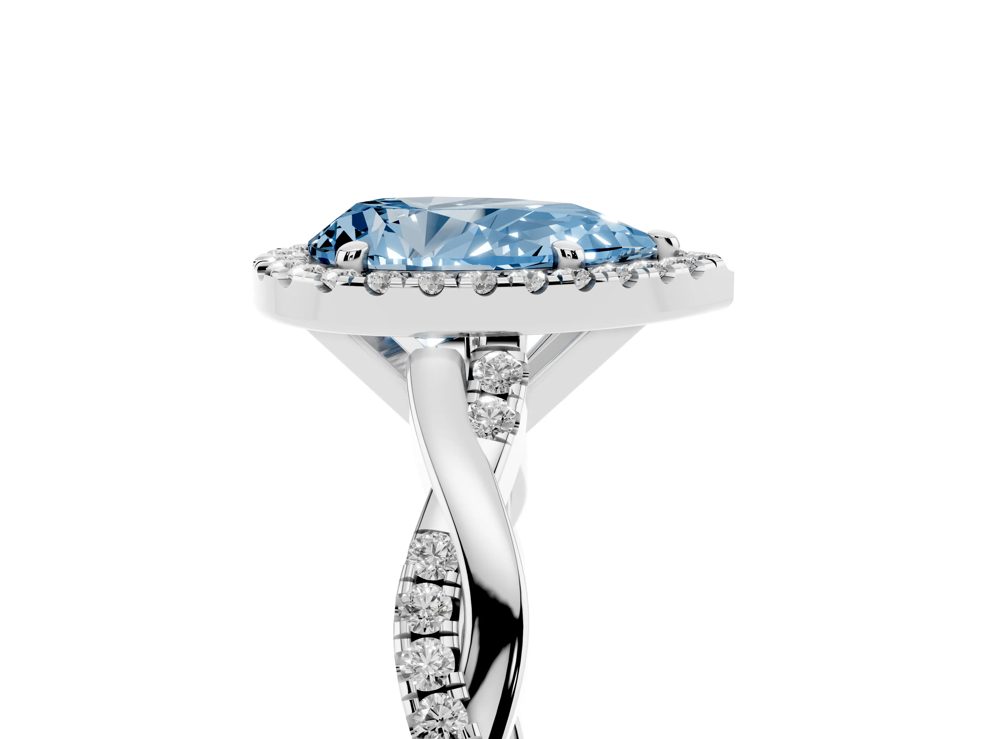 Fancy Blue Pear Cut Diamond Halo Twisted Band Ring Set in Platinum with Prong Setting