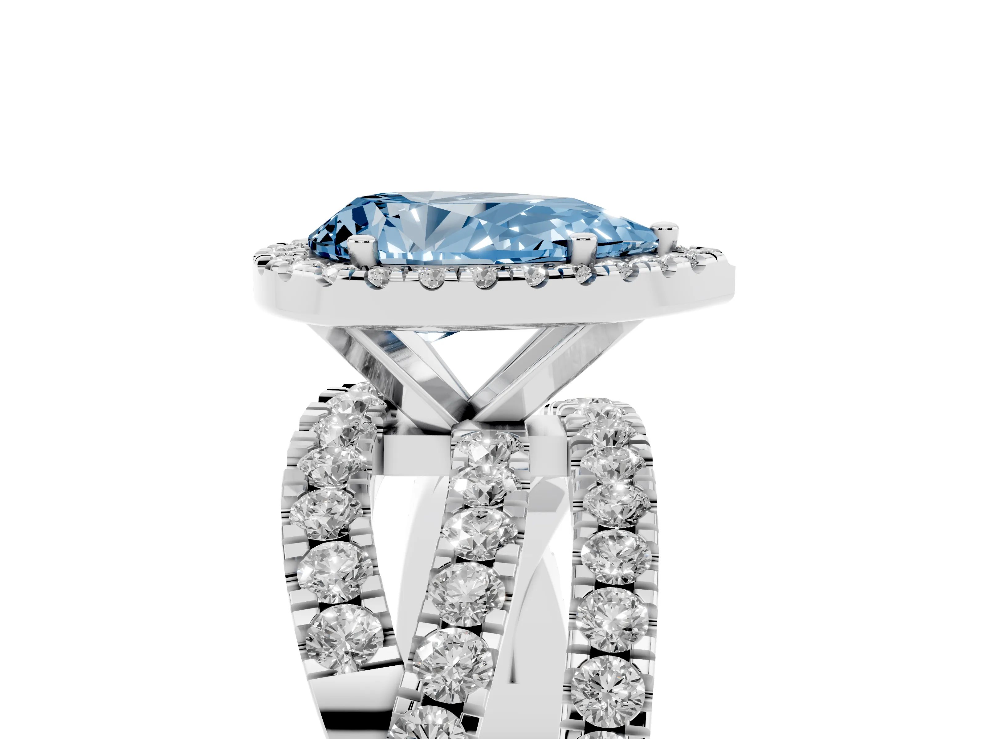 Fancy Blue Pear Cut Diamond Halo Ring Set in Silver with Round Crossover Split Shank and Prong Setting