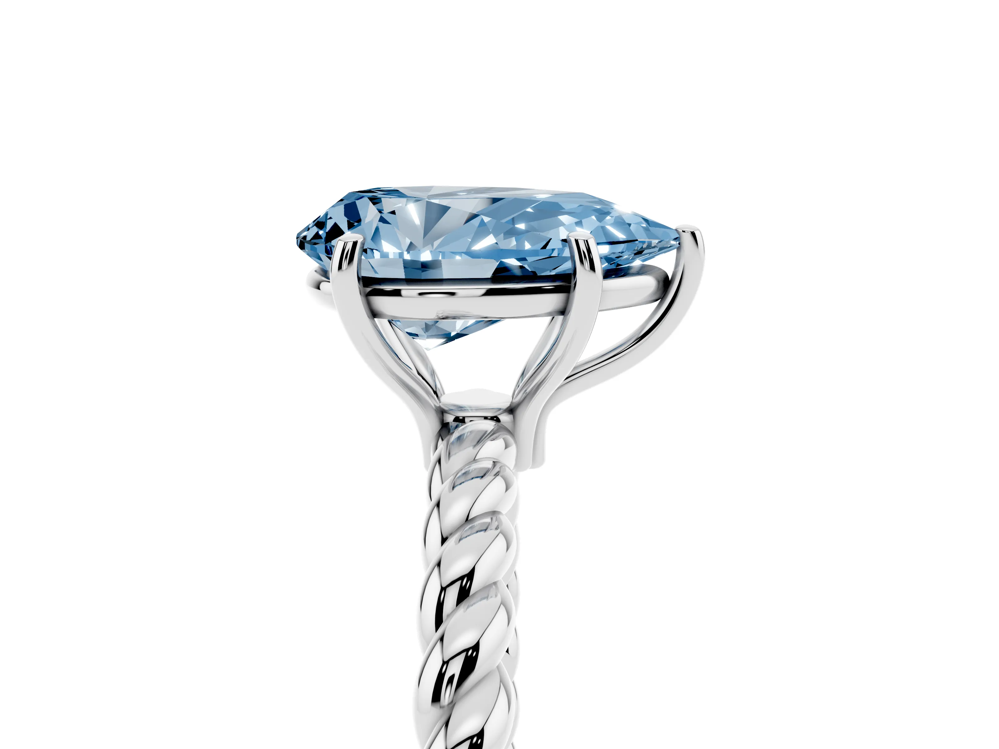 Fancy Blue Pear Cut Diamond Solitaire Ring Set in White gold with Twist Band and Prong Setting
