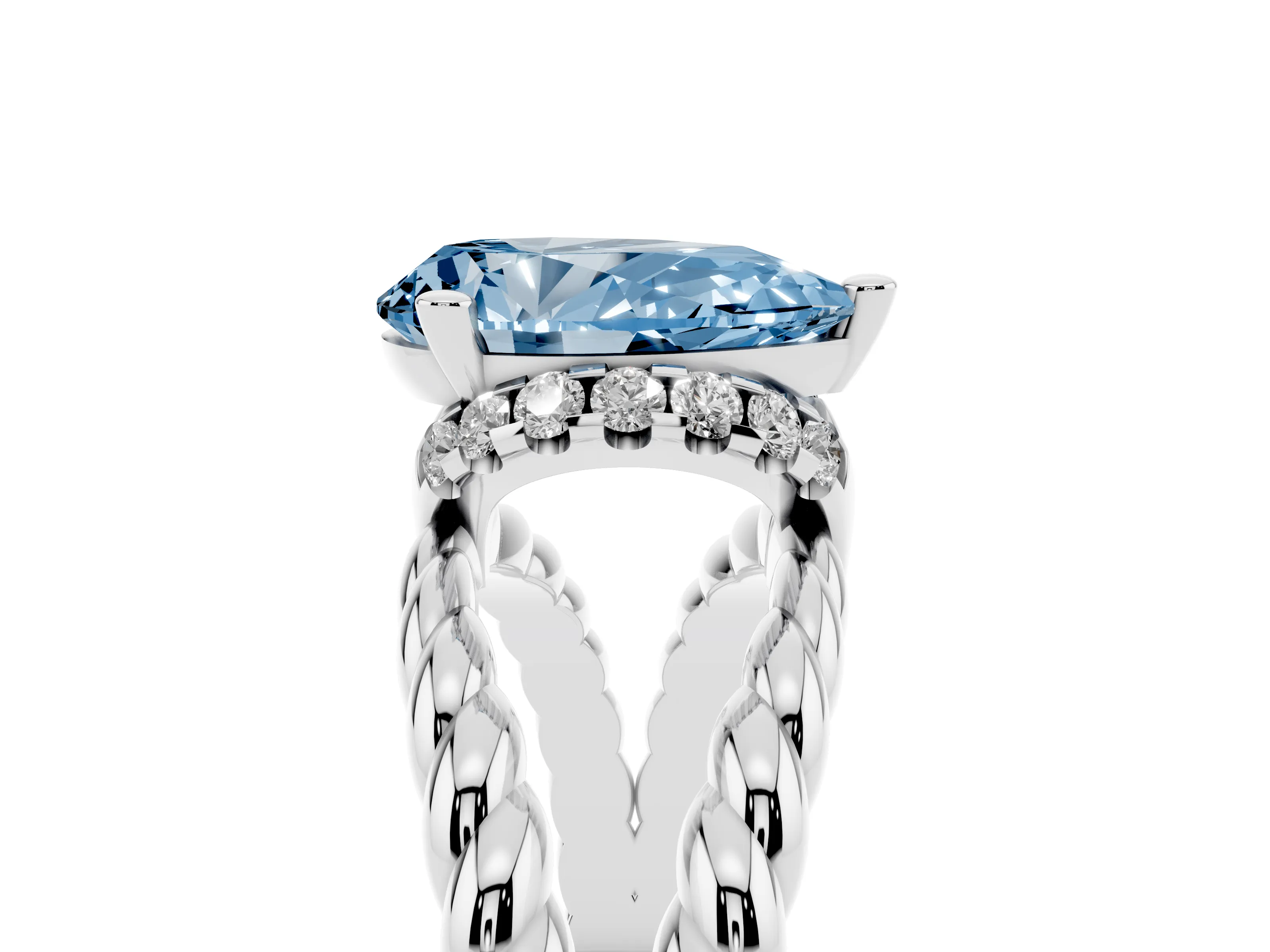 Fancy Blue Pear Cut Diamond Halo Ring Set in White gold with Twisted Band and Prong Setting
