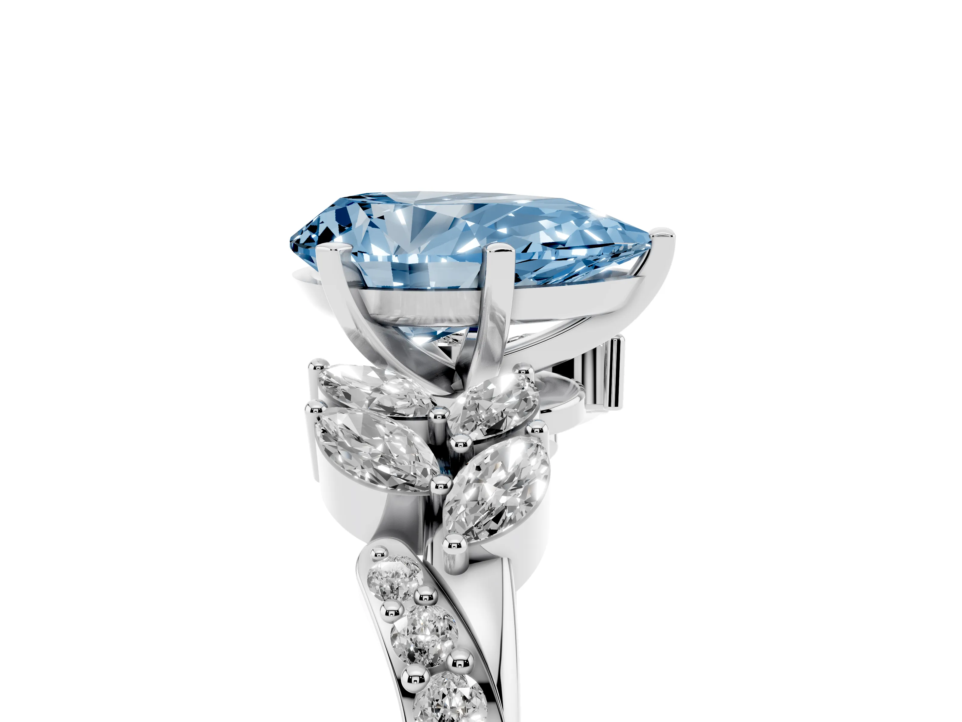Fancy Blue Pear Cut Diamond Solitaire Ring Set in White gold with Marquise Twist Band and Prong Setting
