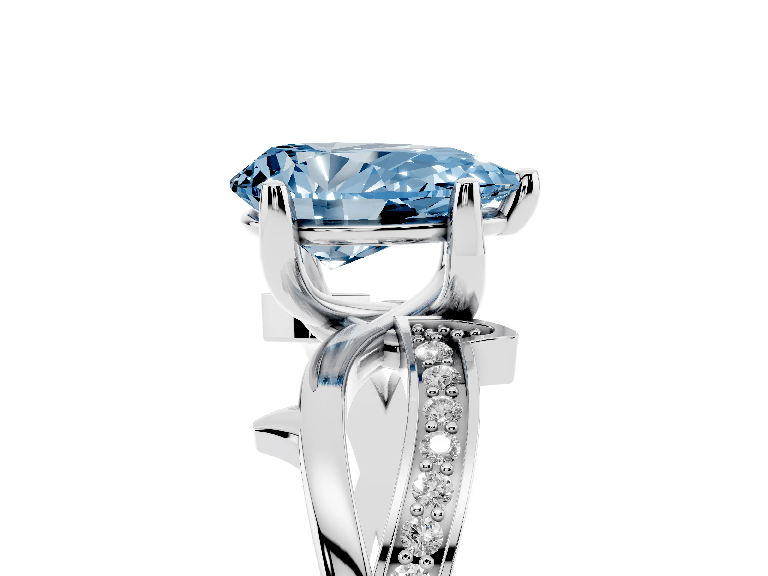 Fancy Blue Pear Cut Diamond Pavé Twist Band Solitaire Ring Set in Platinum with Prong Setting