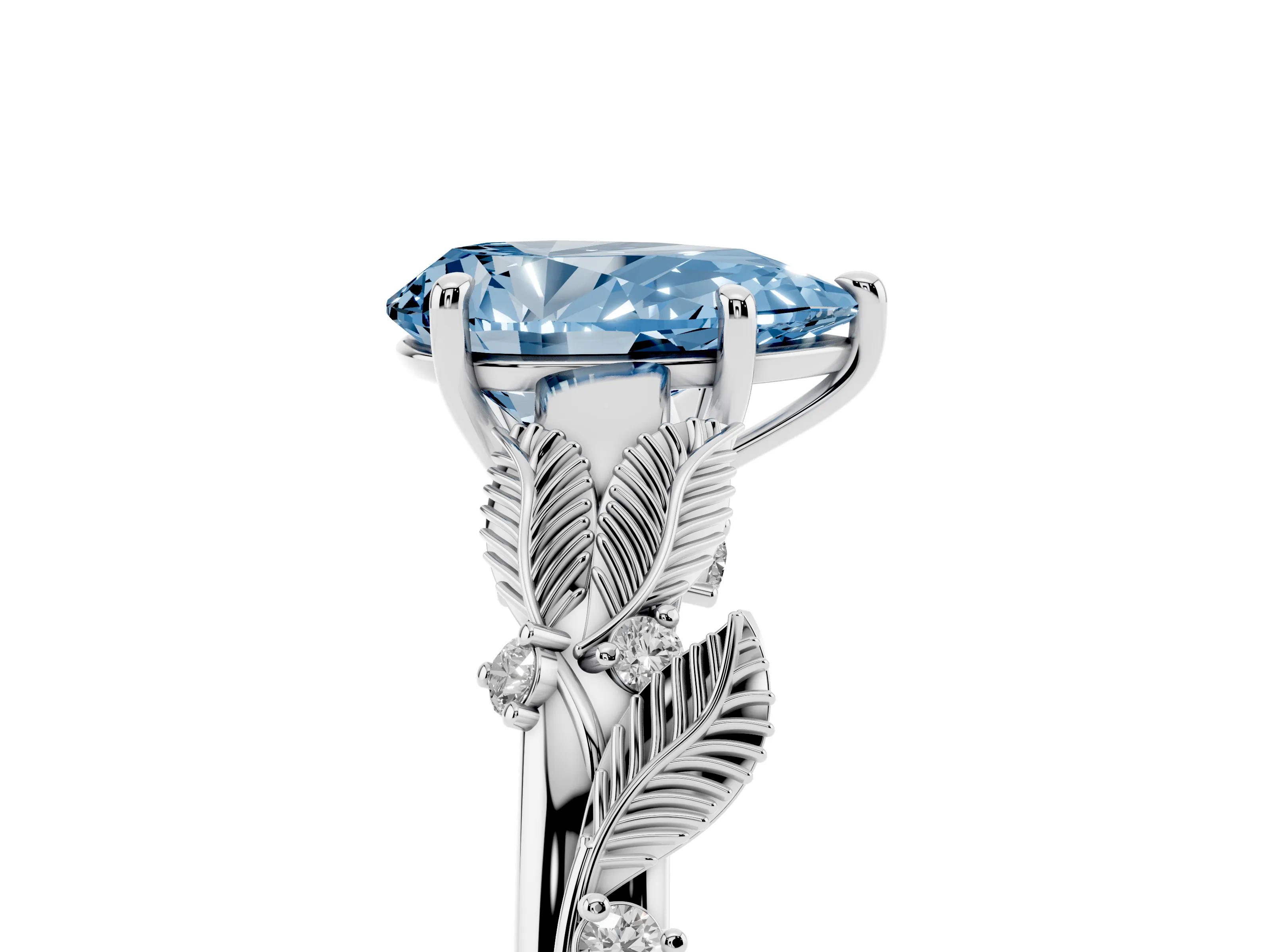 Fancy Blue Pear Cut Diamond Solitaire Ring Set in White gold with Leaf Motif Band
