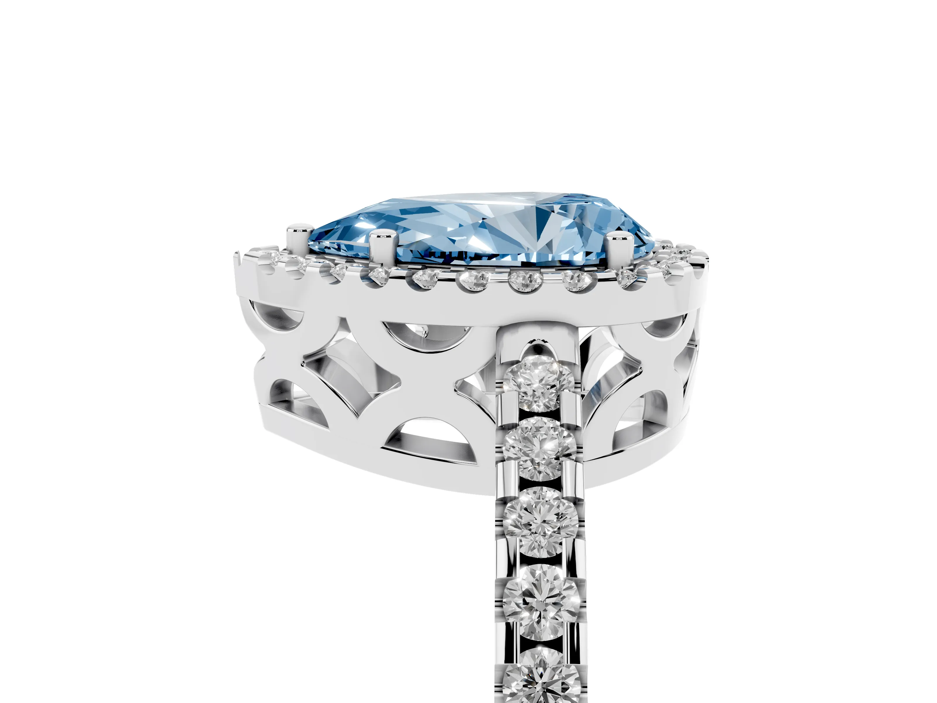 Fancy Blue Pear Cut Diamond Halo Ring Set in Silver with Pavé Shoulders and Halo-Framed Center