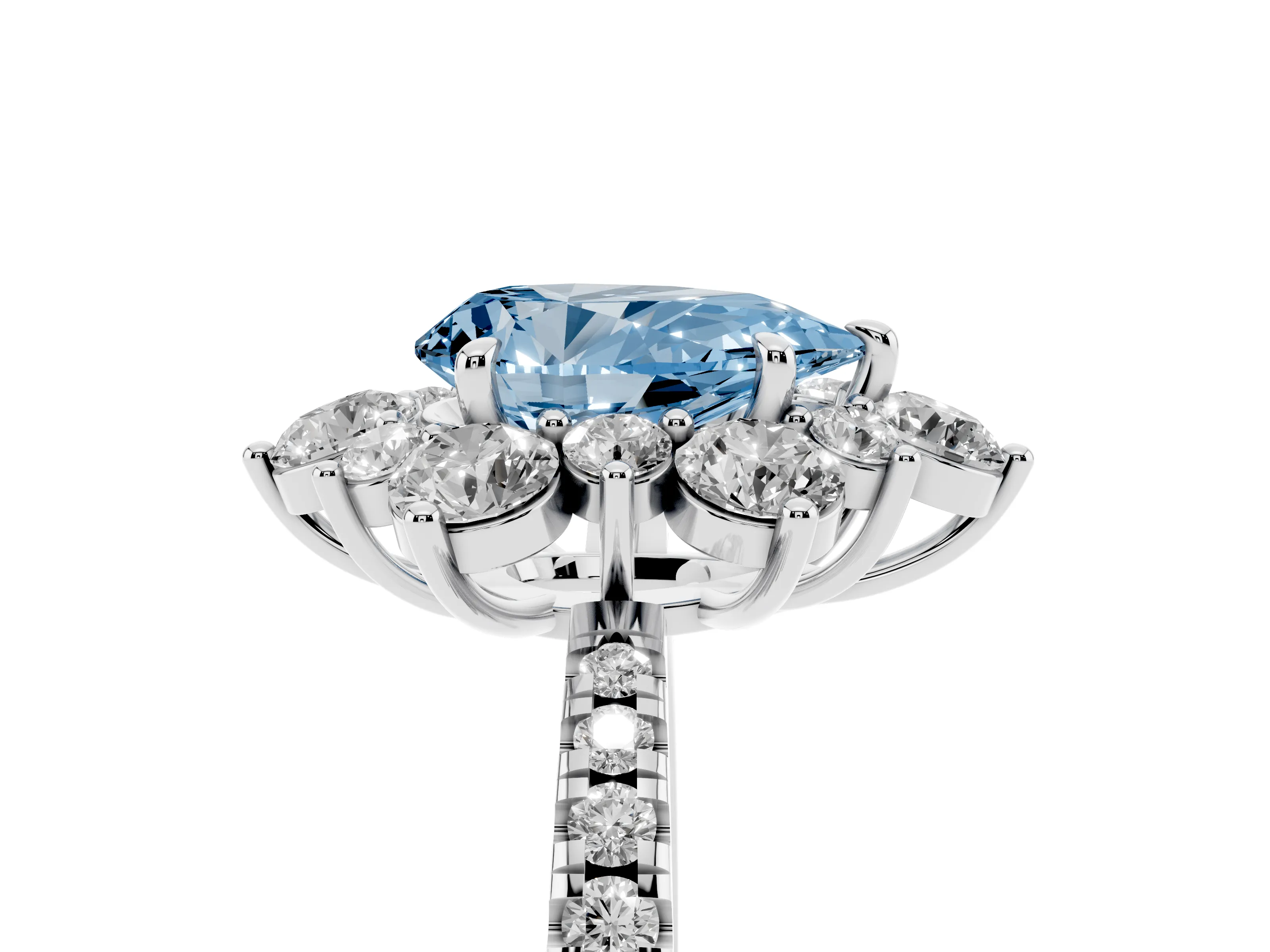 Fancy Blue Pear Cut Diamond Floral Halo Ring Set in White gold with Round Pavé Band and Prong Setting