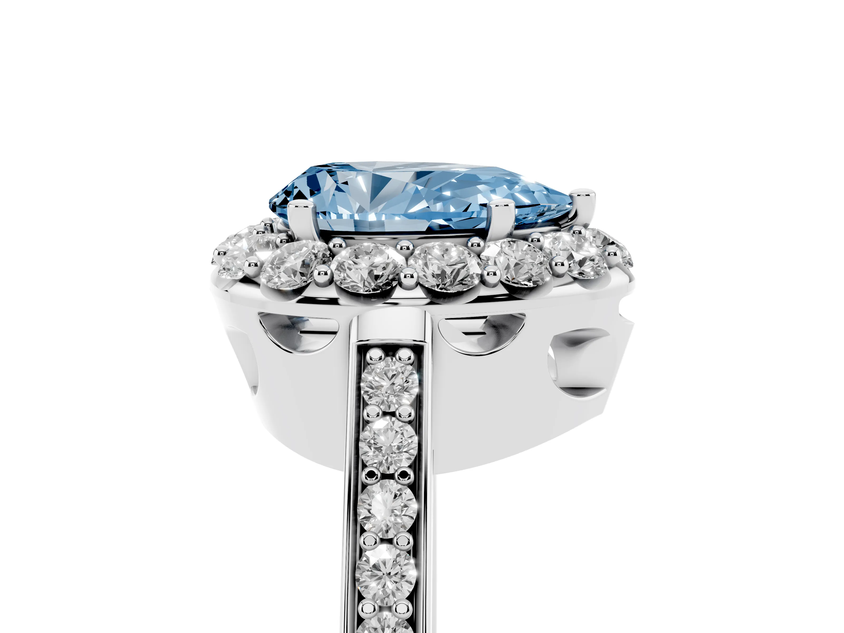 Fancy Blue Pear Cut Diamond Floral Halo Ring Set in White gold with Pavé Band and Prong Setting