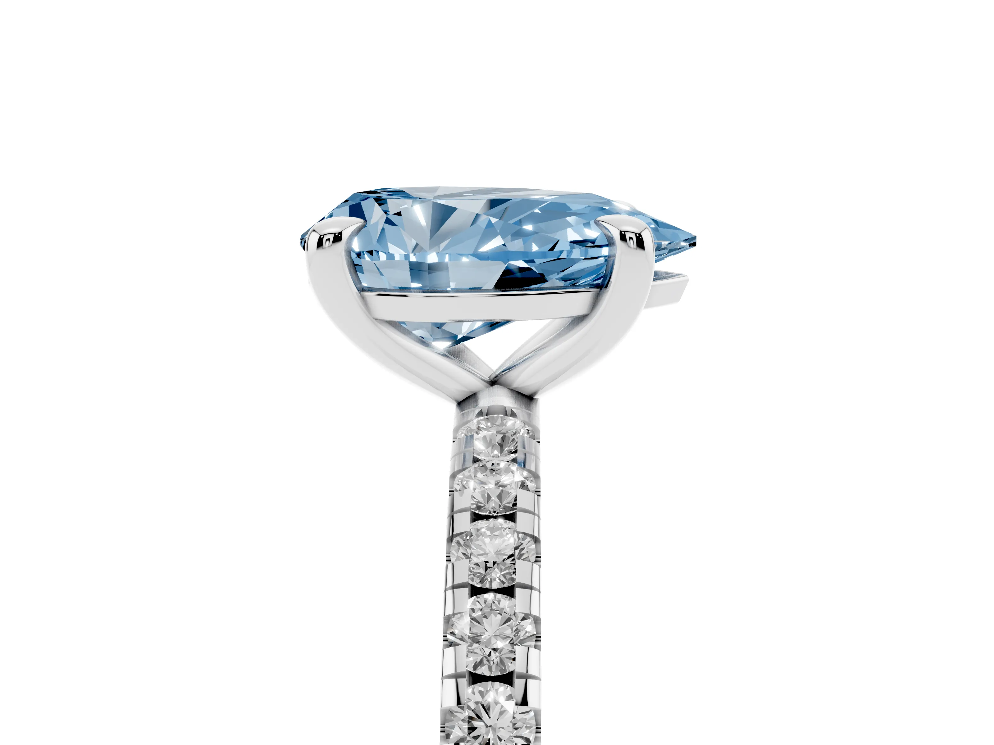 Fancy Blue Pear Cut Diamond Brilliant Solitaire Ring Set in White gold with Pavé Band and Prong Setting
